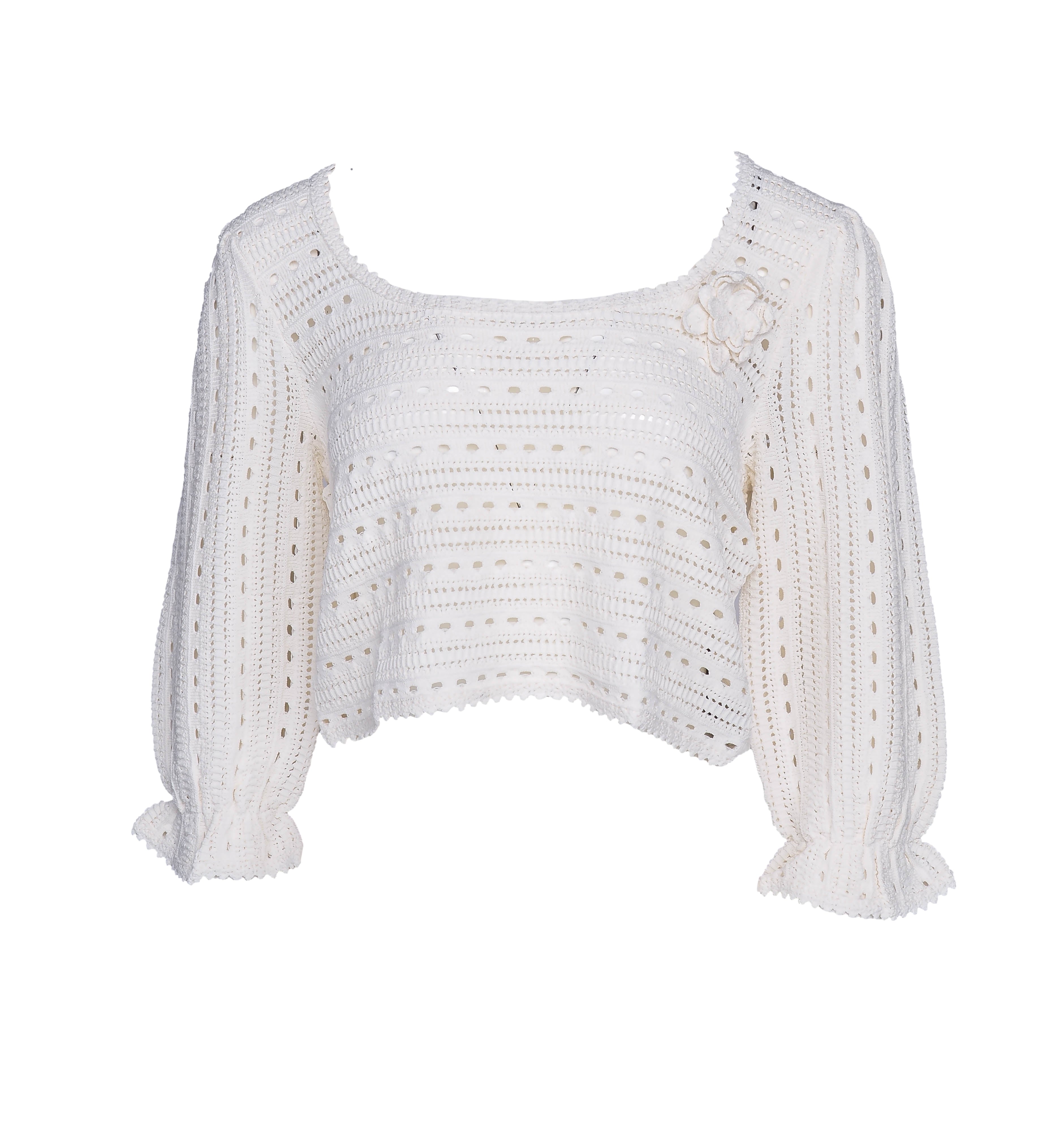 Maje Women's White Knit Flower Broach Cropped Top Size 40FR 12UK 8 US MFPPU00501