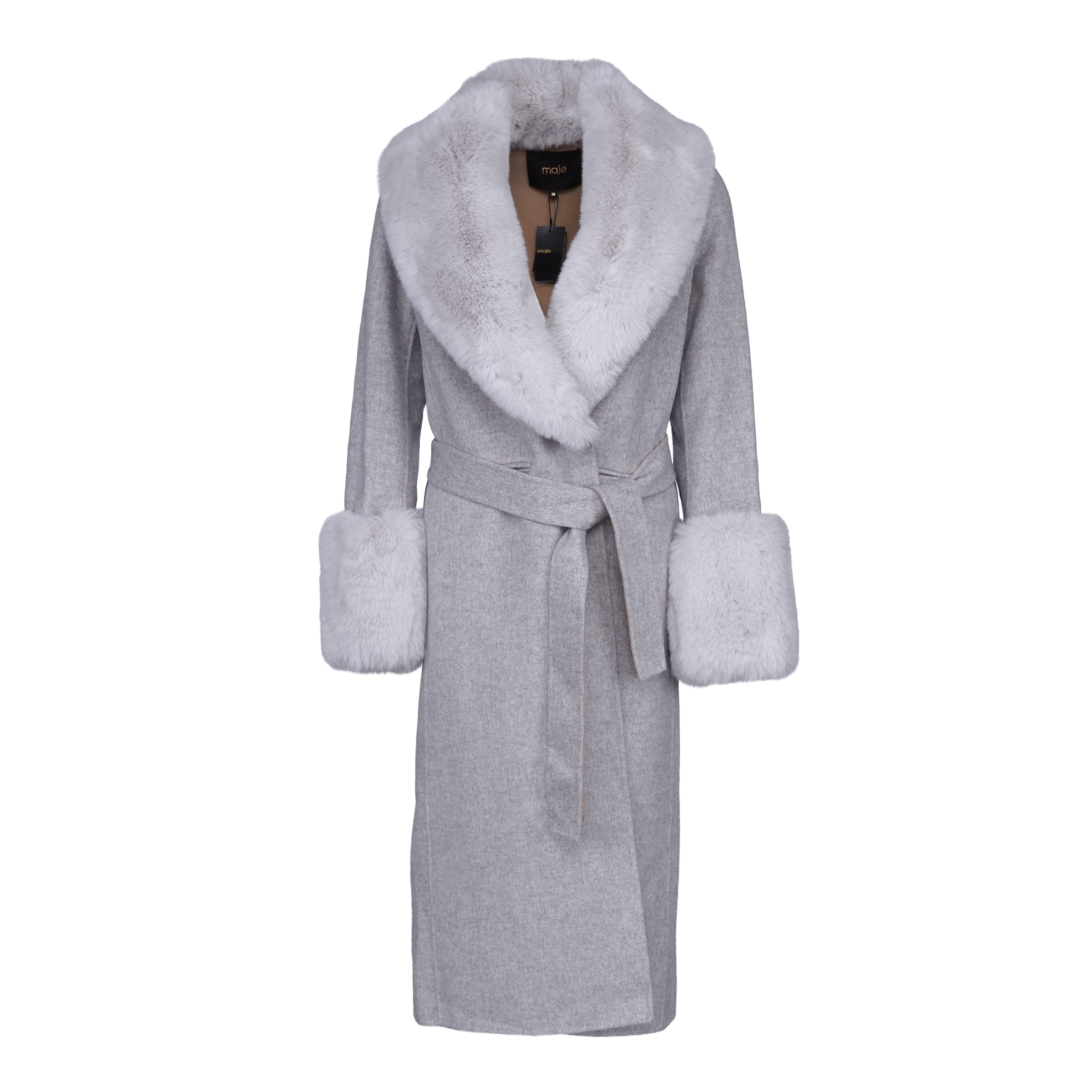 Maje Women's Grey Fur Wool Blend Long Coat Size 38 FR 10 UK 6 US MFPOU00911