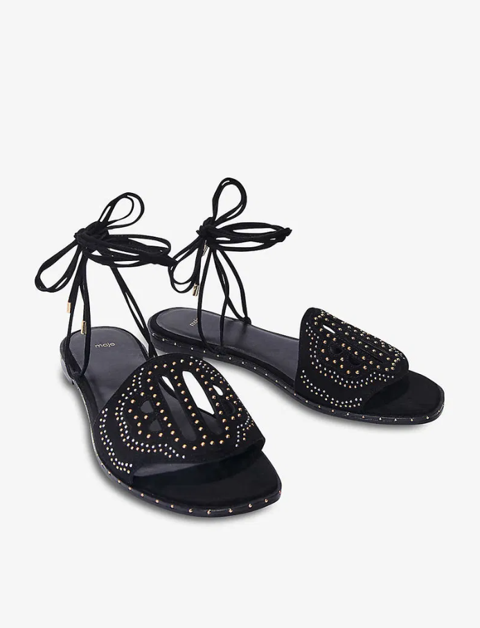 Maje Women's Black Studded Flat Tie Sandals Size 36 EU 3.5 UK 6 US MFACH00497