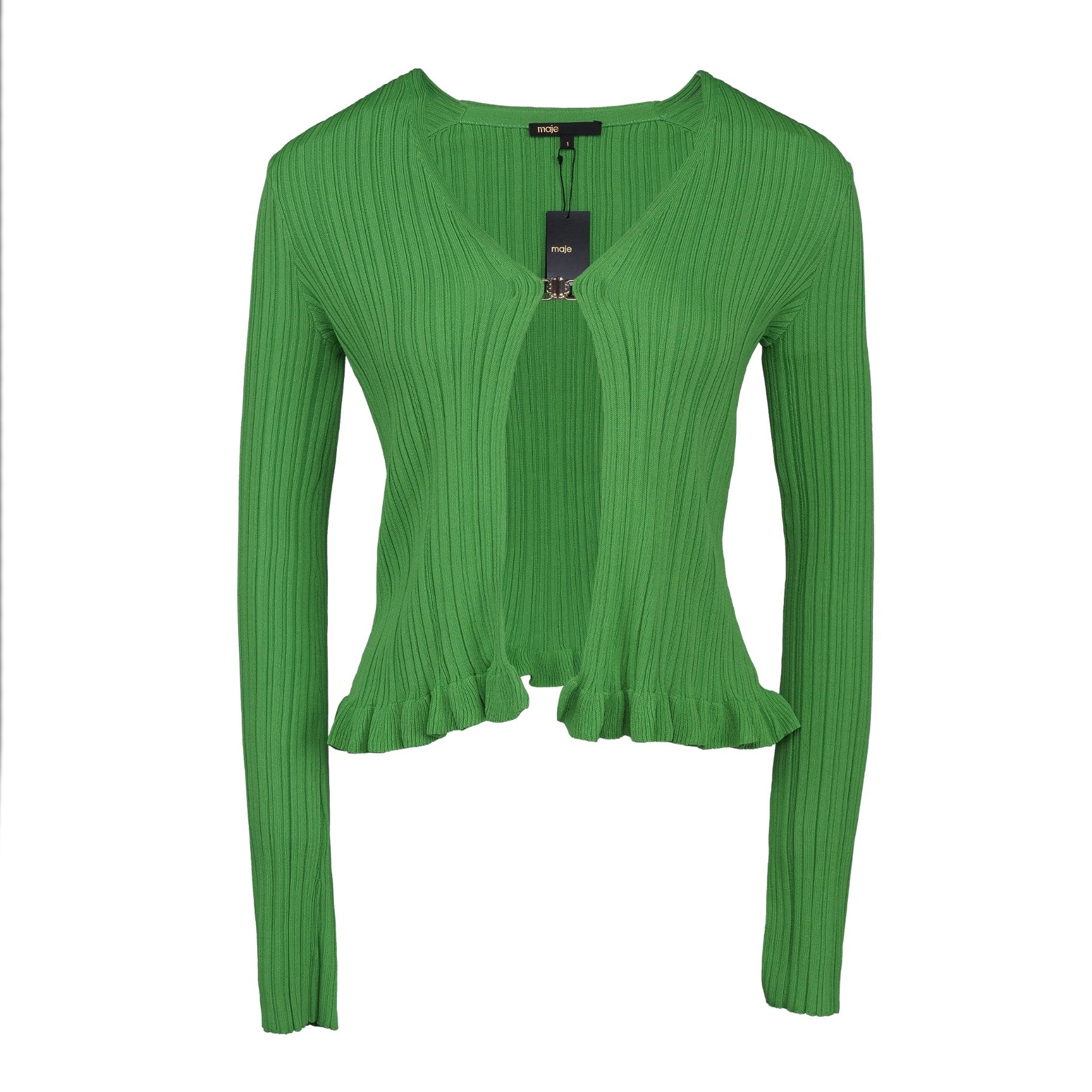 Maje Women's Green Ruffle Long Sleeve Cardigan Size 36 FR 8 UK 4 US MFPPU00495