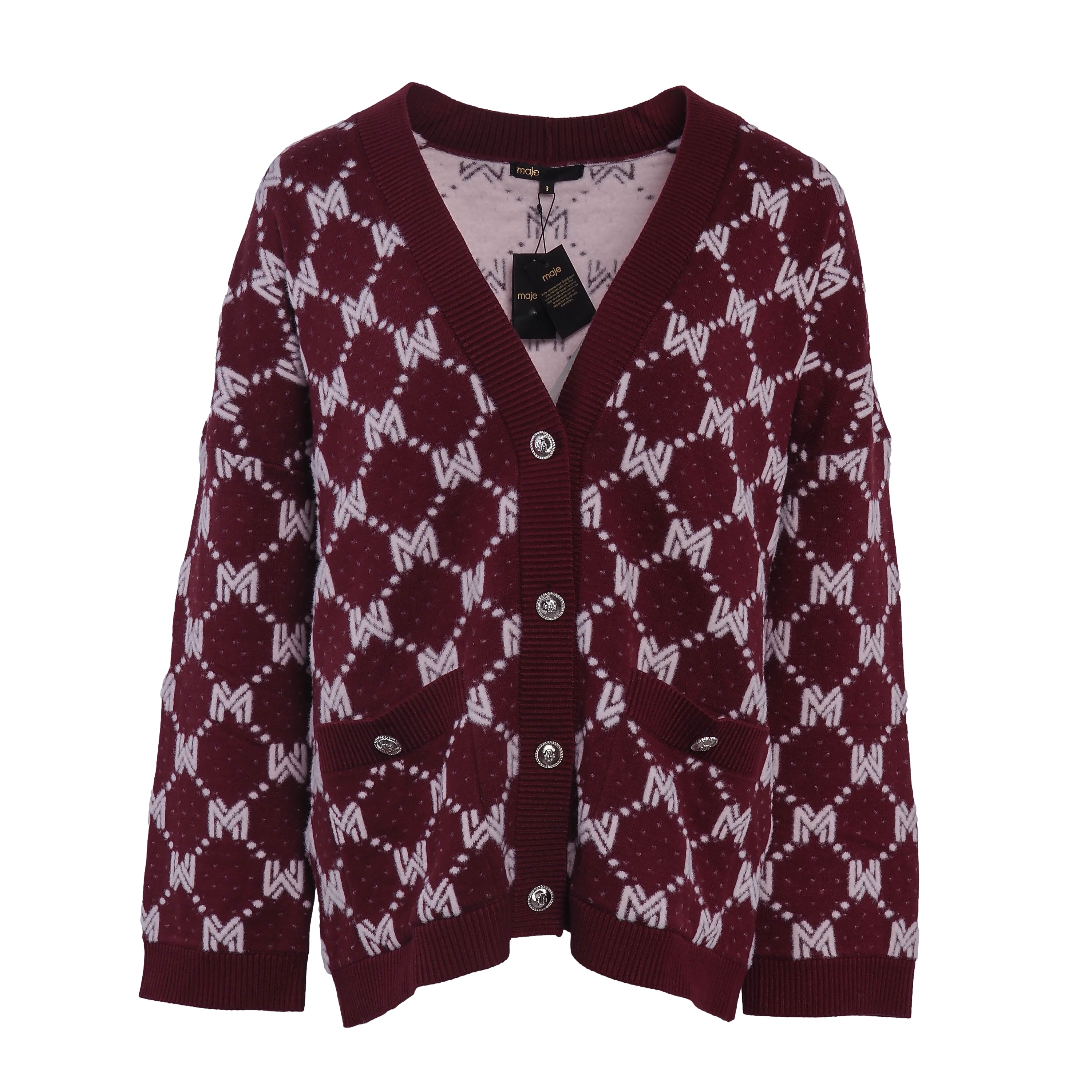 Maje Women's Burgundy Knit V-Neck Cardigan Size 36 FR 8 UK 4 US MFPCA00294