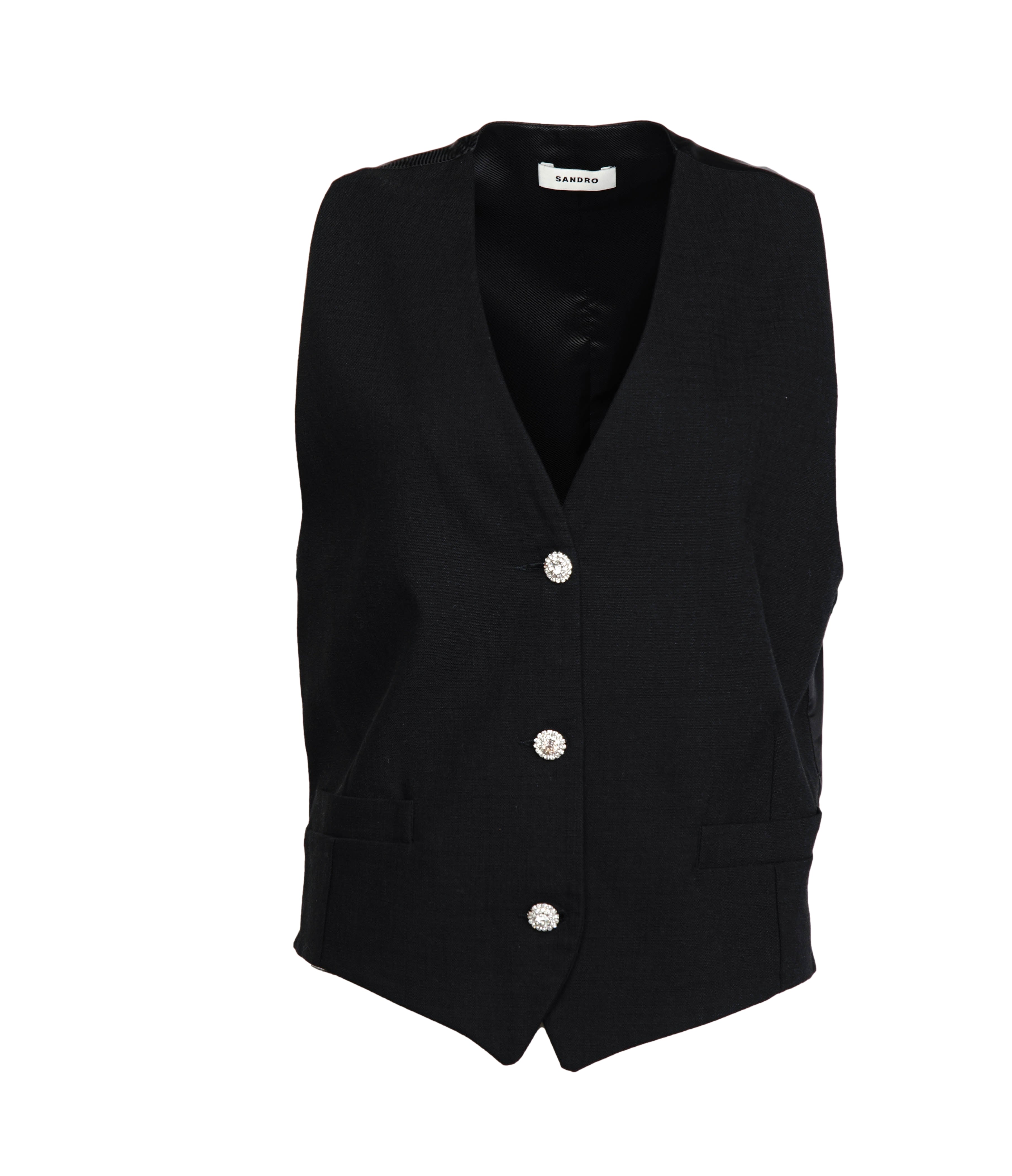 Sandro Women's Black Rhinestones V-Neck Vest Size 36FR 8UK 4US SFPVE00811