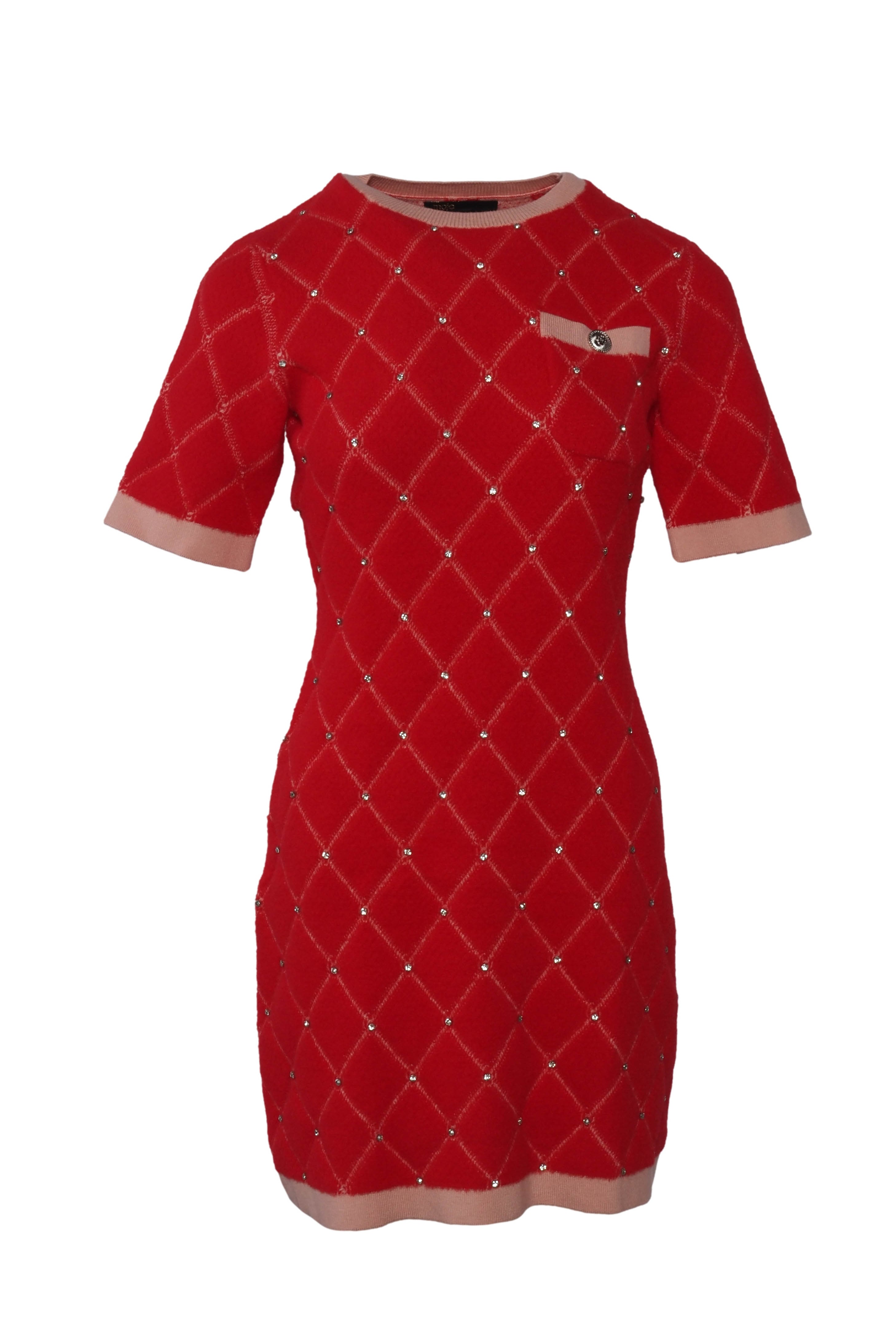 Maje Women's Red Knit Rhinestone Short Dress Size 36 FR 8 UK 4 US MFPRO02207