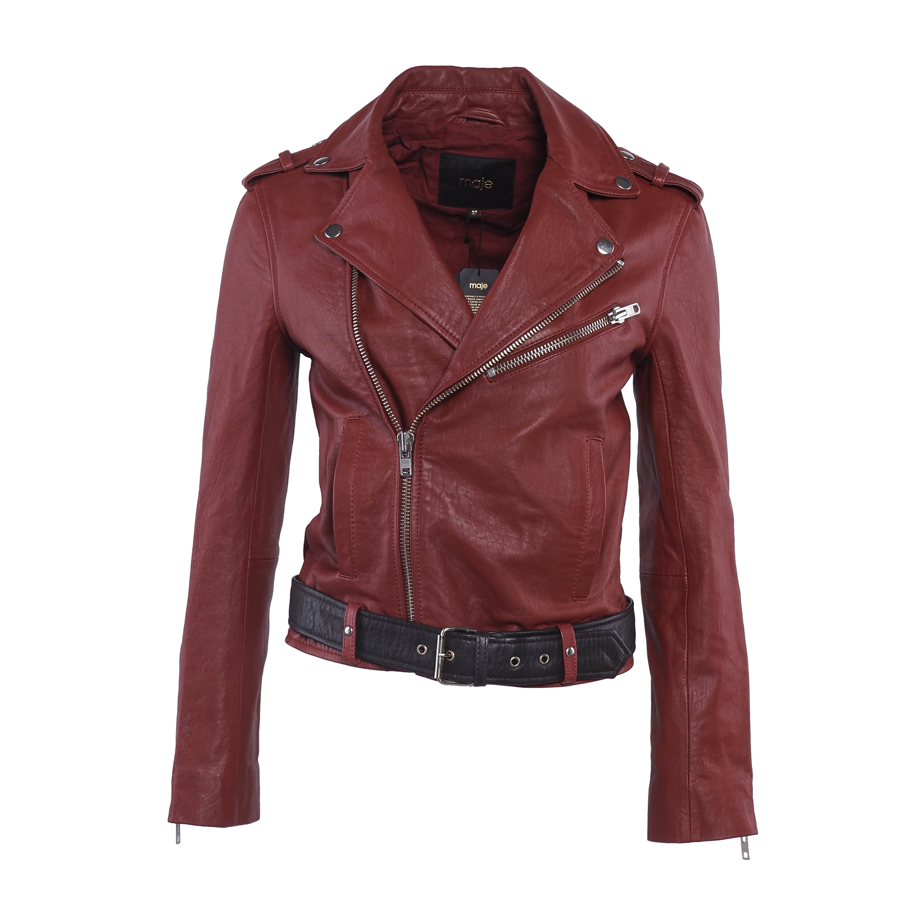 Maje Women's Burgundy Belted Lamb Leather Jacket Size 36 S 8 H17BIXENTE