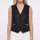 Maje Women's Black Sequins Wool Blend Tweed Vest Size 40 L 12 MFPVE00427