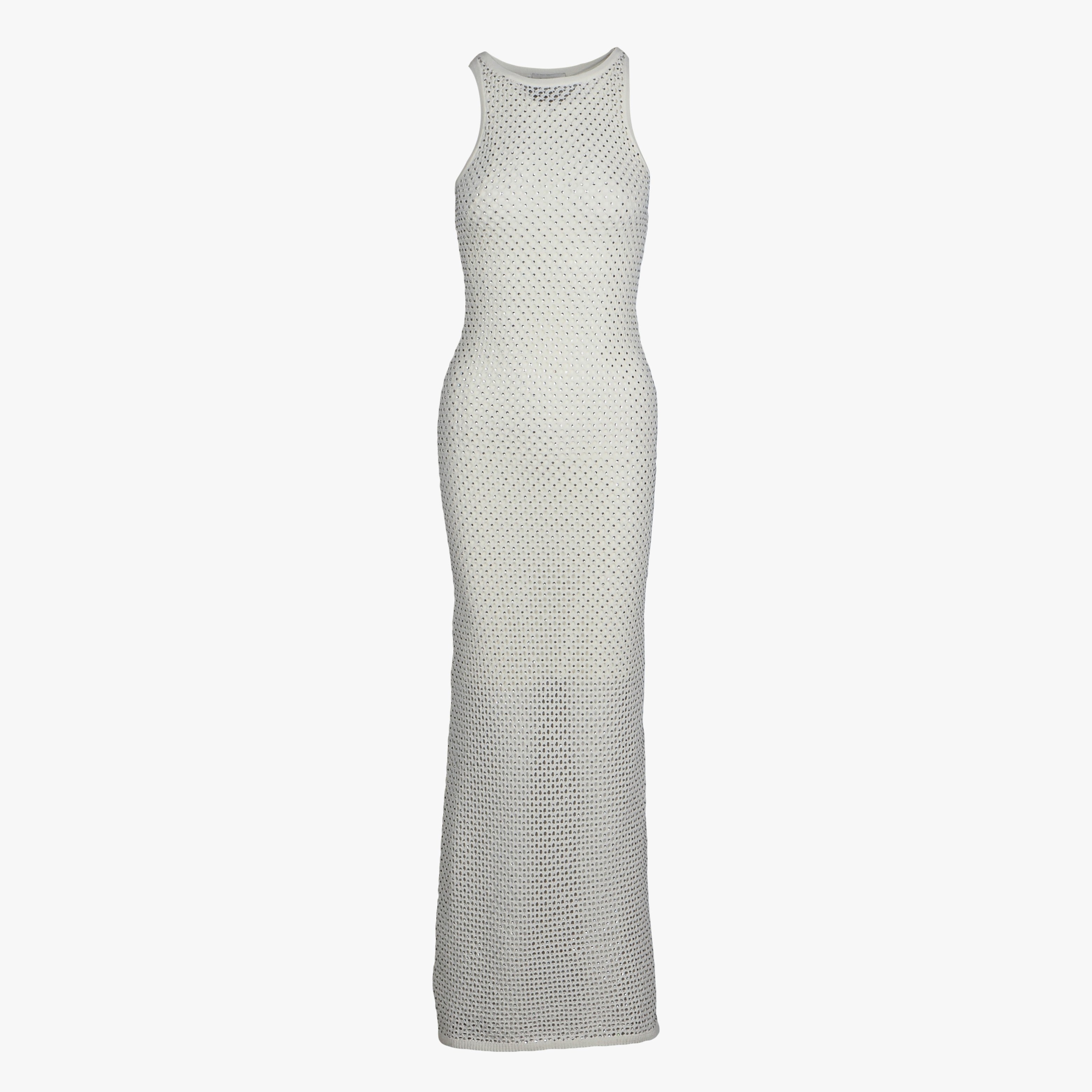 Sandro Damenkleid in Ecru mit „ Strick “-Motiv und Strasssteinen, lang, Größe 38 (FR), 10 (UK), 6 (US) – SFPRO03476