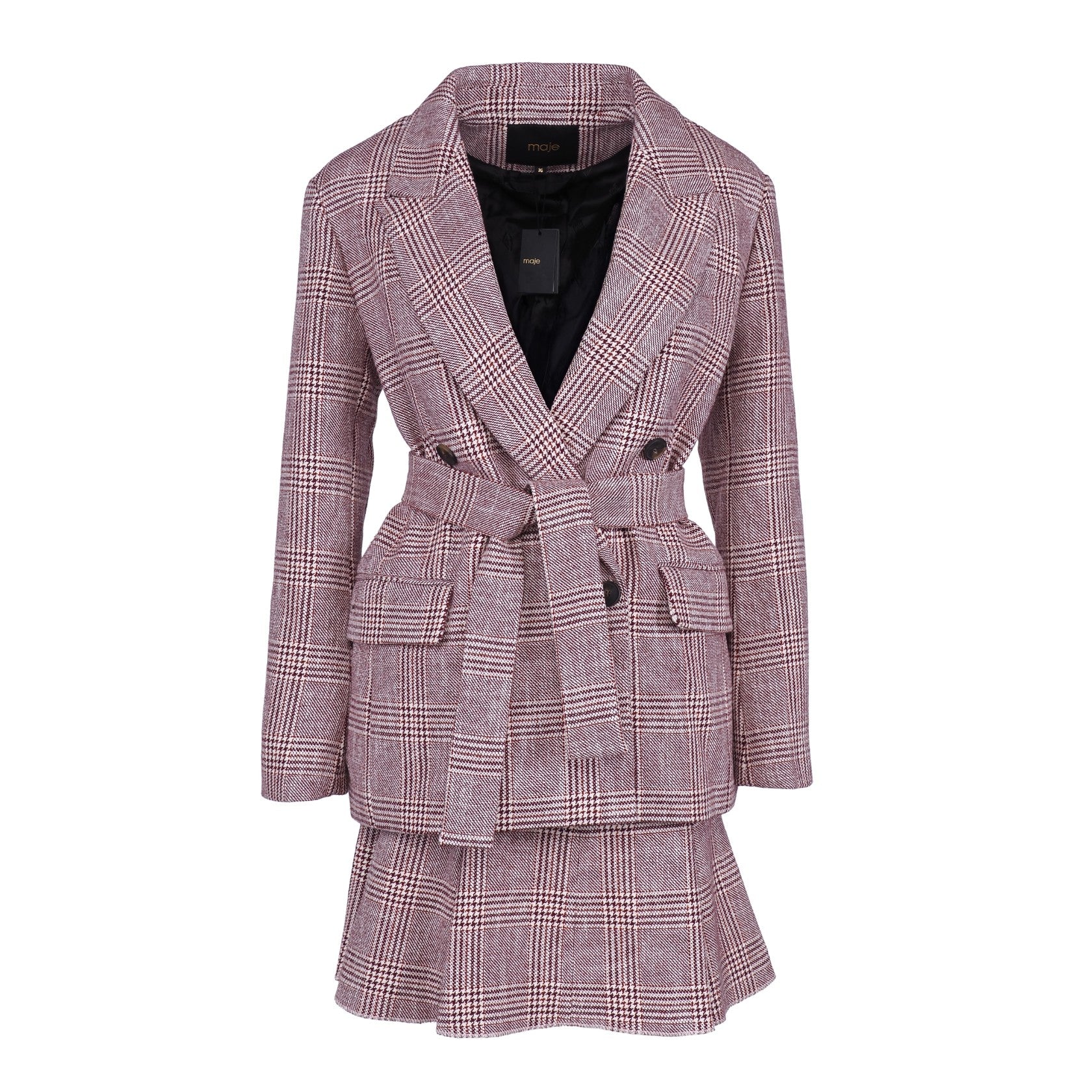 Maje Women's Bordeaux Check Jacket and Skirt Set Size 38 M UK 10