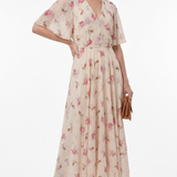 Maje Women's Ecru V-Neck Floral Long Dress Size 34 FR 6 UK 2 US MFPRO01527