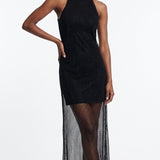 Sandro Damenkleid aus glänzendem, schwarzem Netzstoff, lang Größe 36 FR 8 UK 4 US SFPRO03101