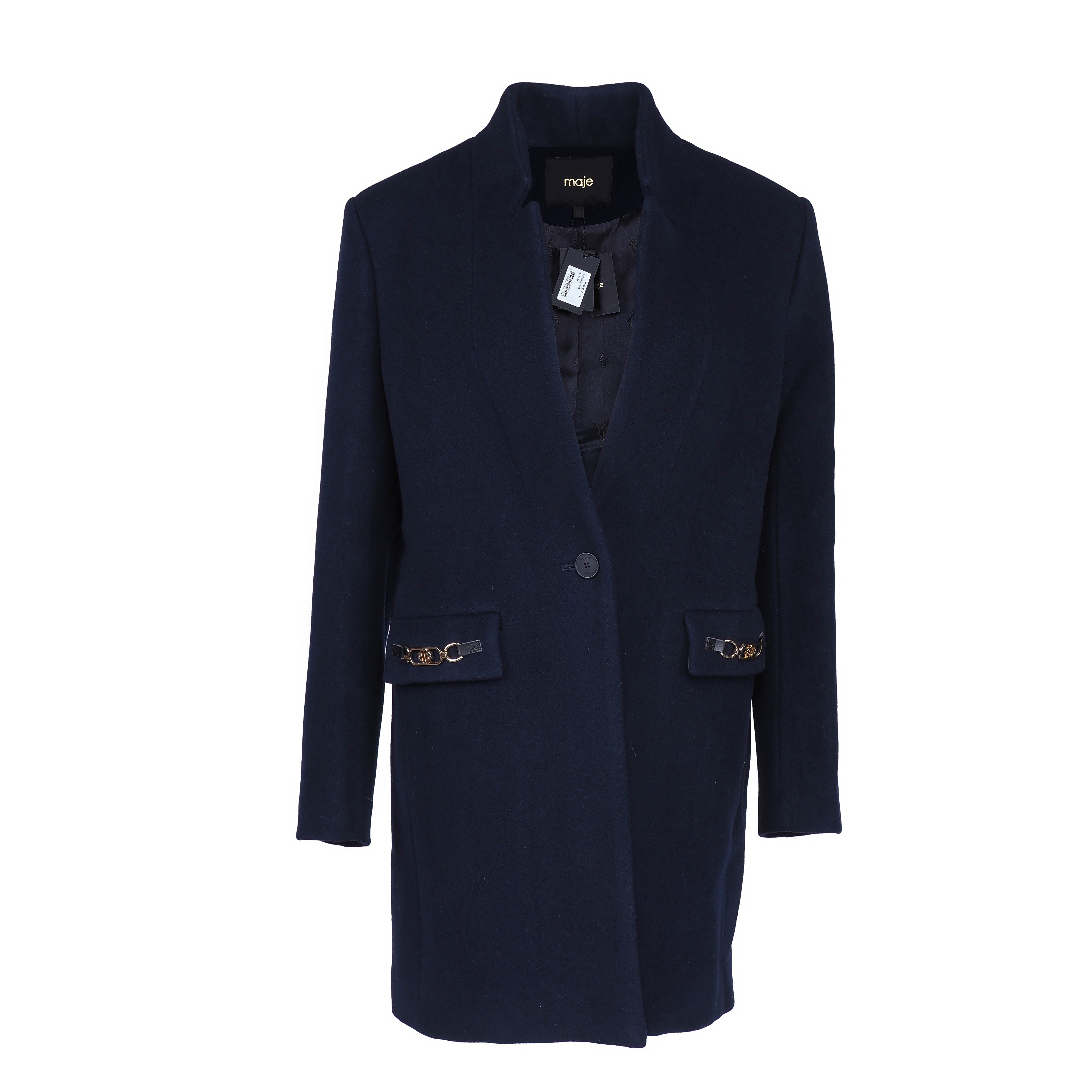 Maje Women's Navy Horsebit Wool Blend Coat Size 34 FR 6 UK 2 US MFPOU00918