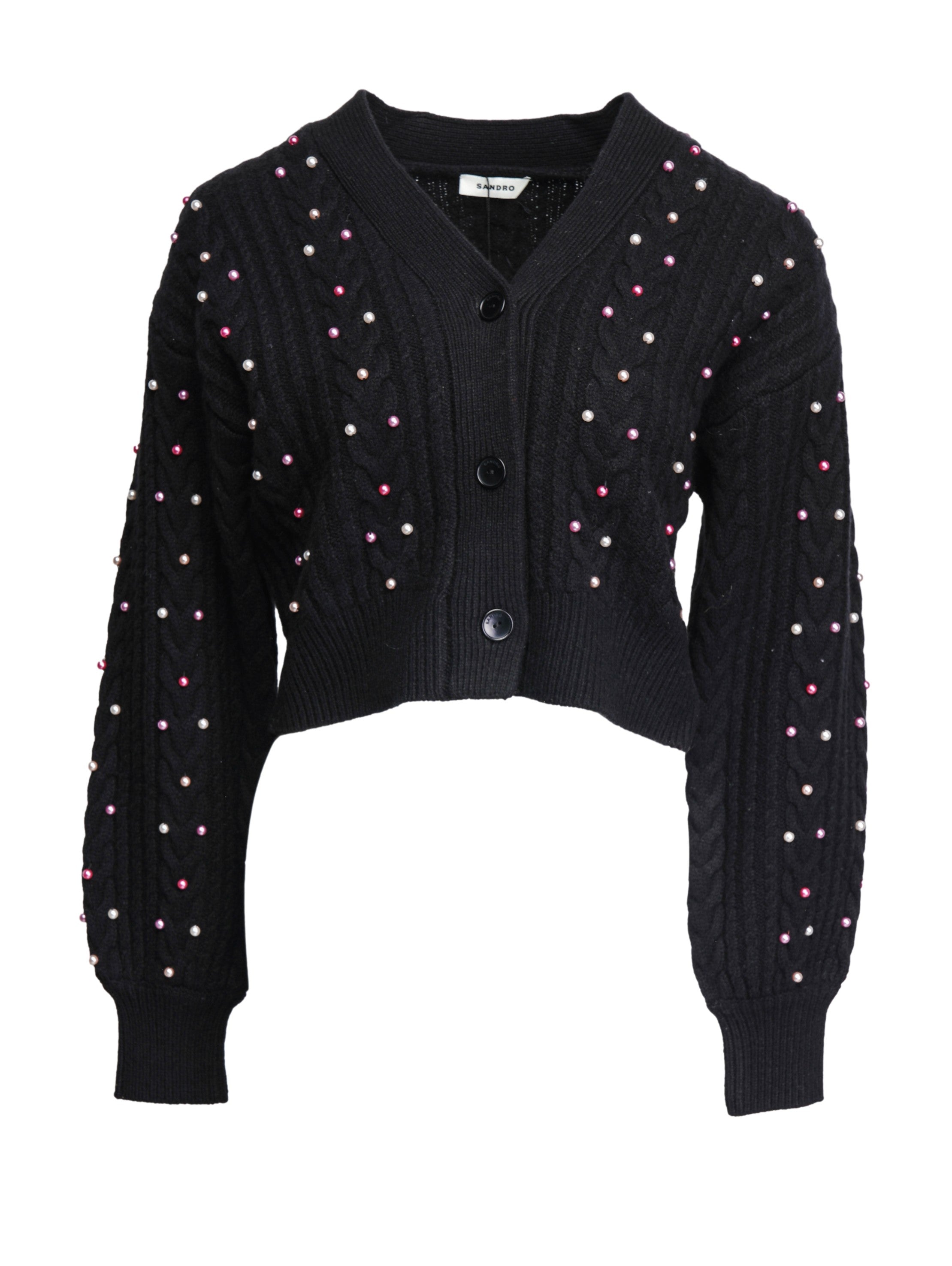 Sandro Women's Black Beaded Wool Cardigan Size 40 FR 12 UK 8 US SFPCA00671