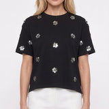Sandro Paris Women's Black Rhinestones Flowers T-Shirt Size 0 XS SFPTS01436
