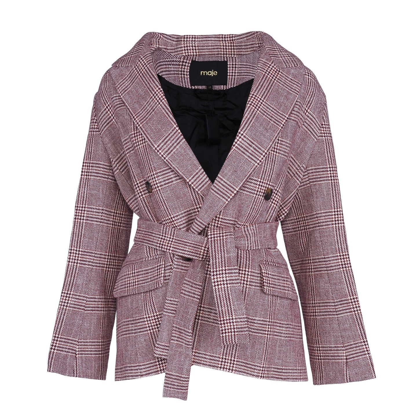 Maje Women's Bordeaux Check Waisted Suit Jacket Size 38 FR 10 UK 6 US MFPVE00381