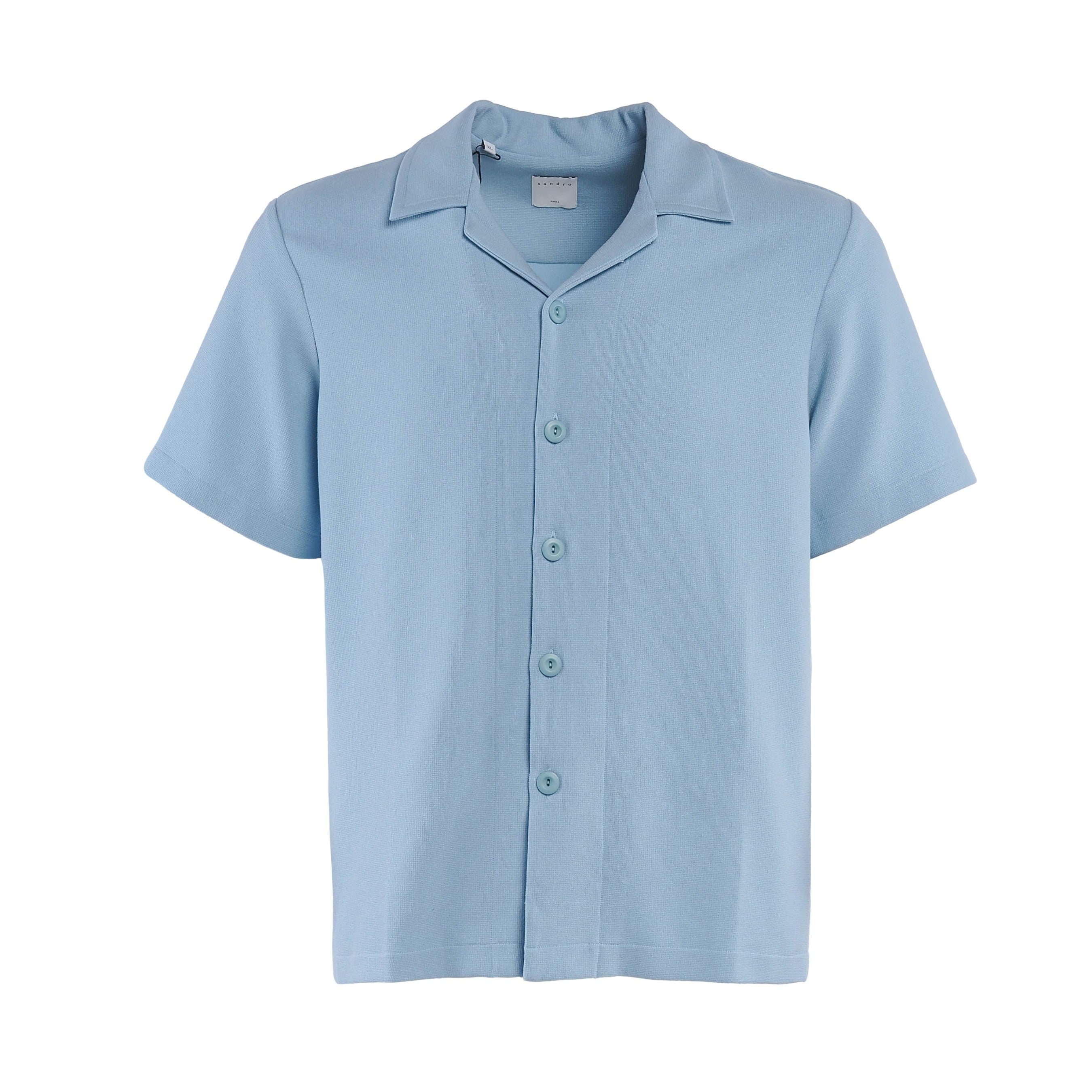 Sandro Paris Men's Blue Knit Spread Collar Short Sleeve Shirt Size XL SHPCM00401