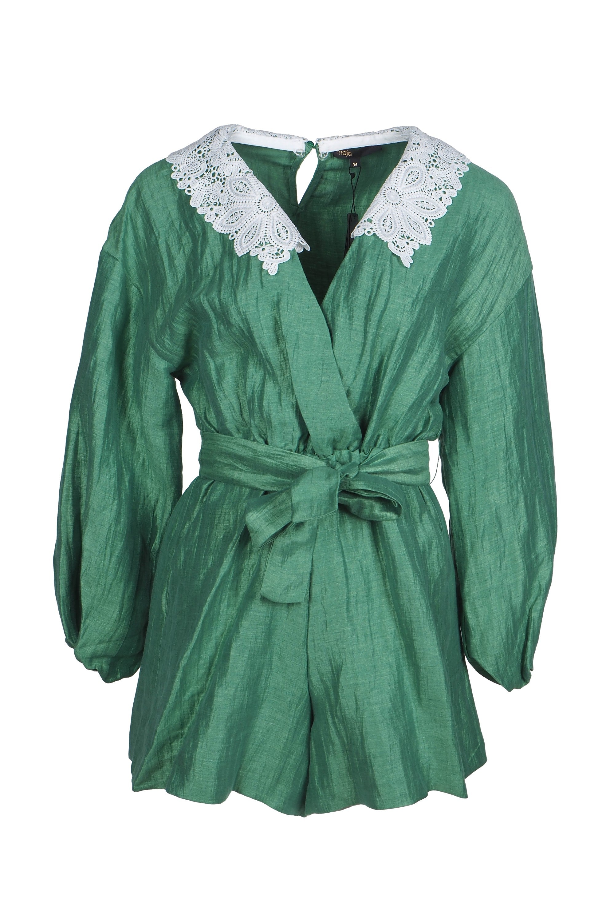 Maje Women's Green Embroidered Linen Blend Playsuit Size 36 S MFPCO00258