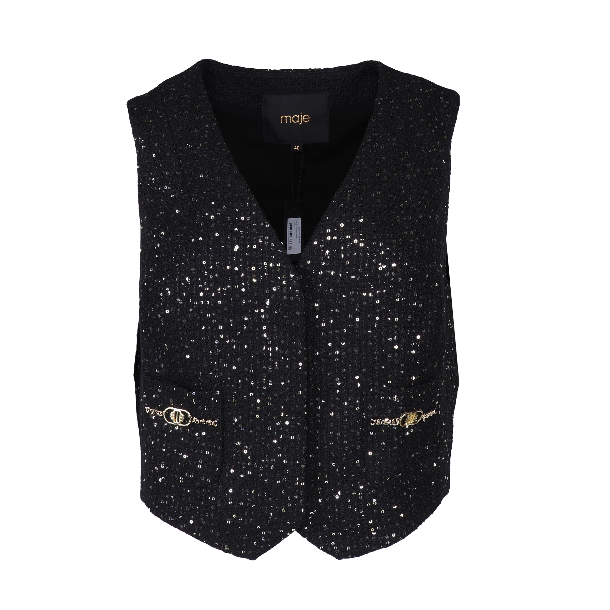 Maje Women's Black Sequins Wool Blend Tweed Vest Size 40 FR 12 UK 8US MFPVE00427