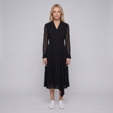 Sandro Damenkleid, schwarz, langärmelig, plissiert, Midi-Länge, Größe 34FR, 6UK, 2US, SFPRO00726