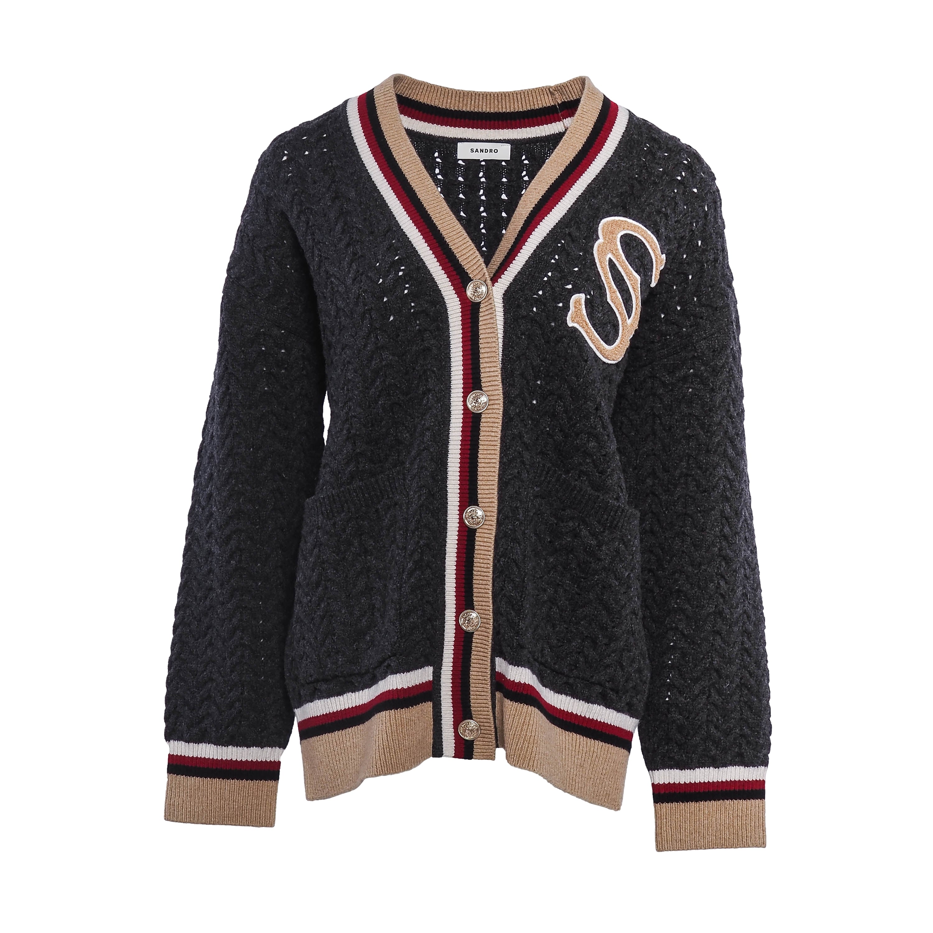 Sandro Women's Grey Knit Logo Wool Cardigan Size 36 FR 8 UK 4 US SFPCA00697