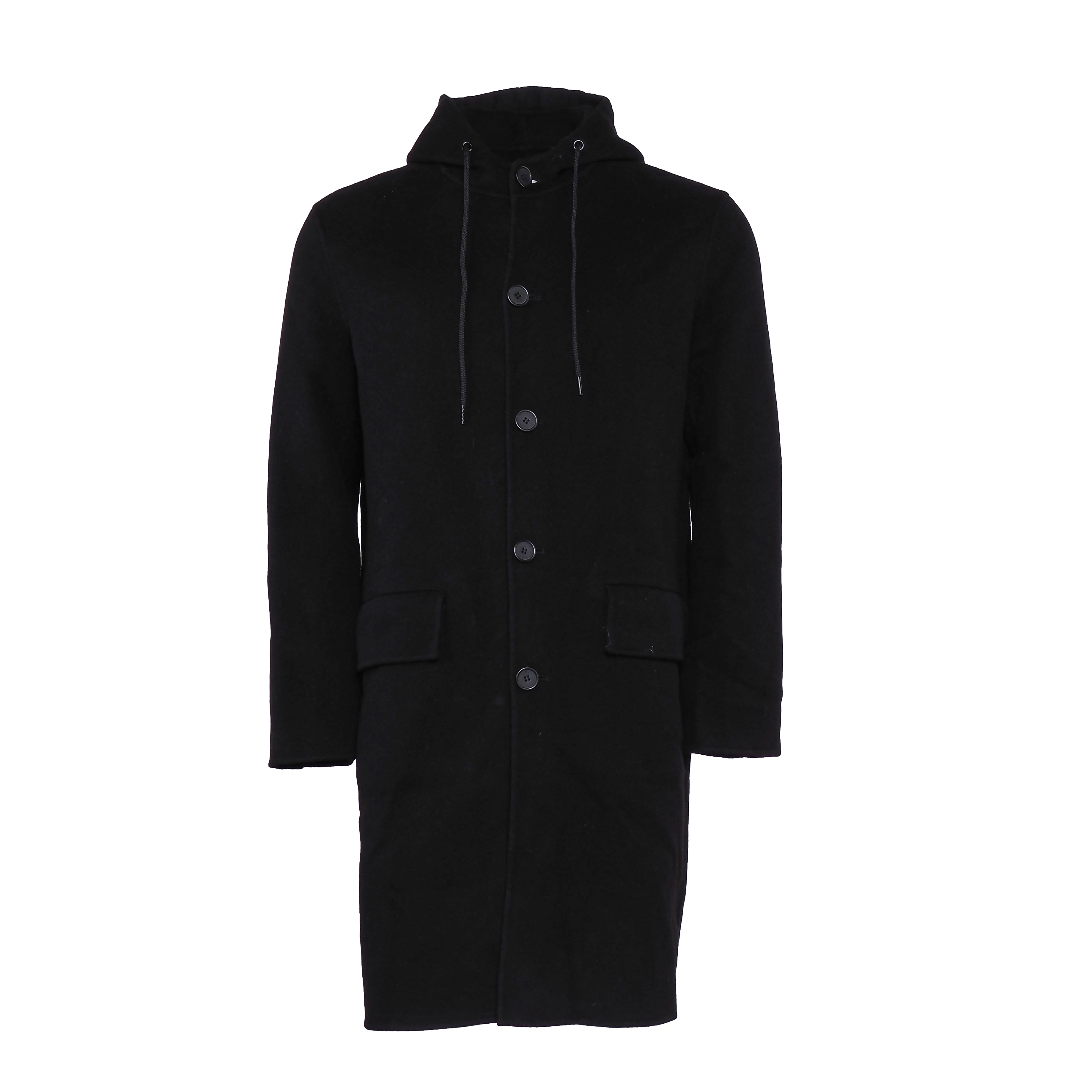 Sandro Men's Black Hooded Wool Long Coat Size S SHPMA00122