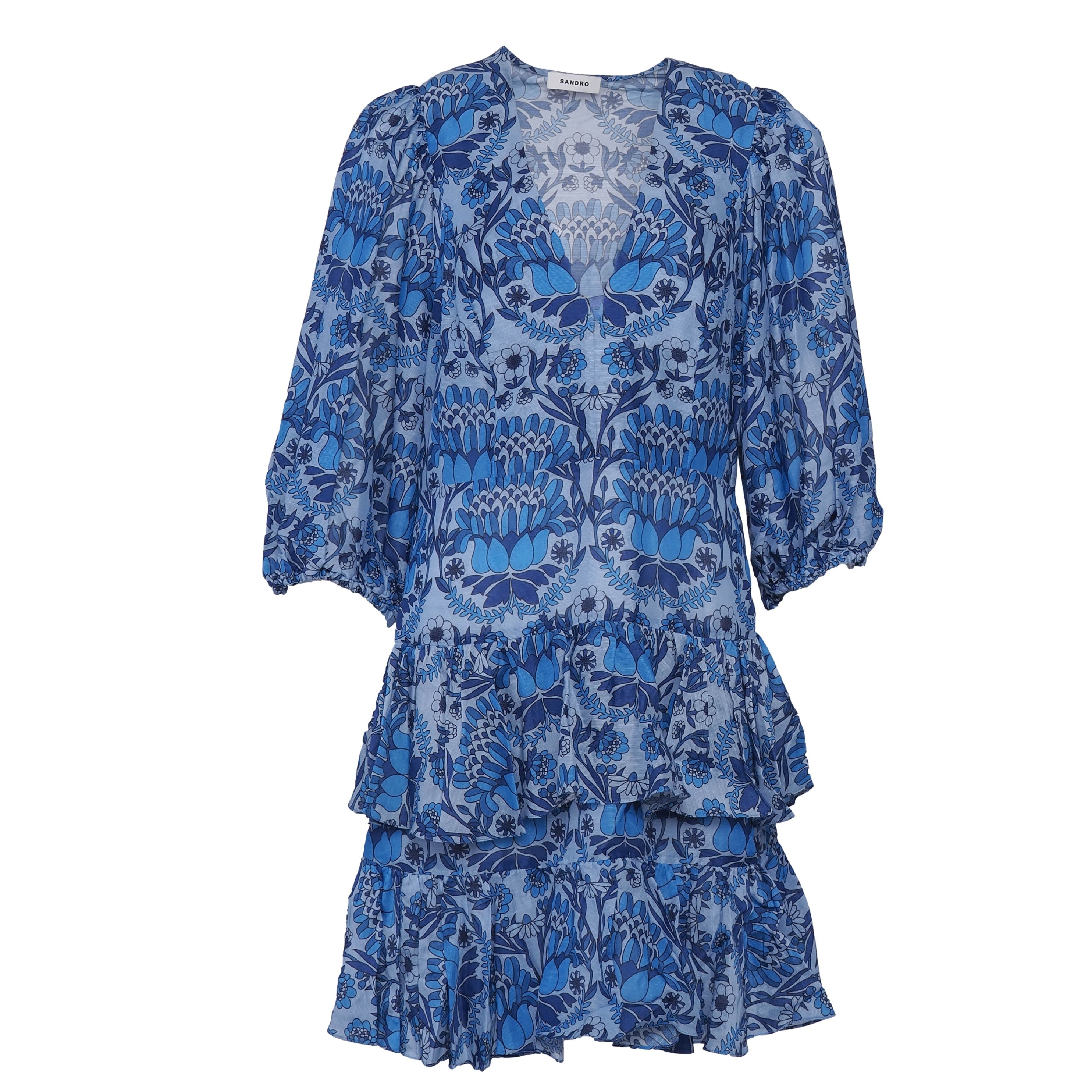 Sandro Women's Blue Linen Blend Floral Dress Size 40 FR 12 UK 8 US SFPRO02936