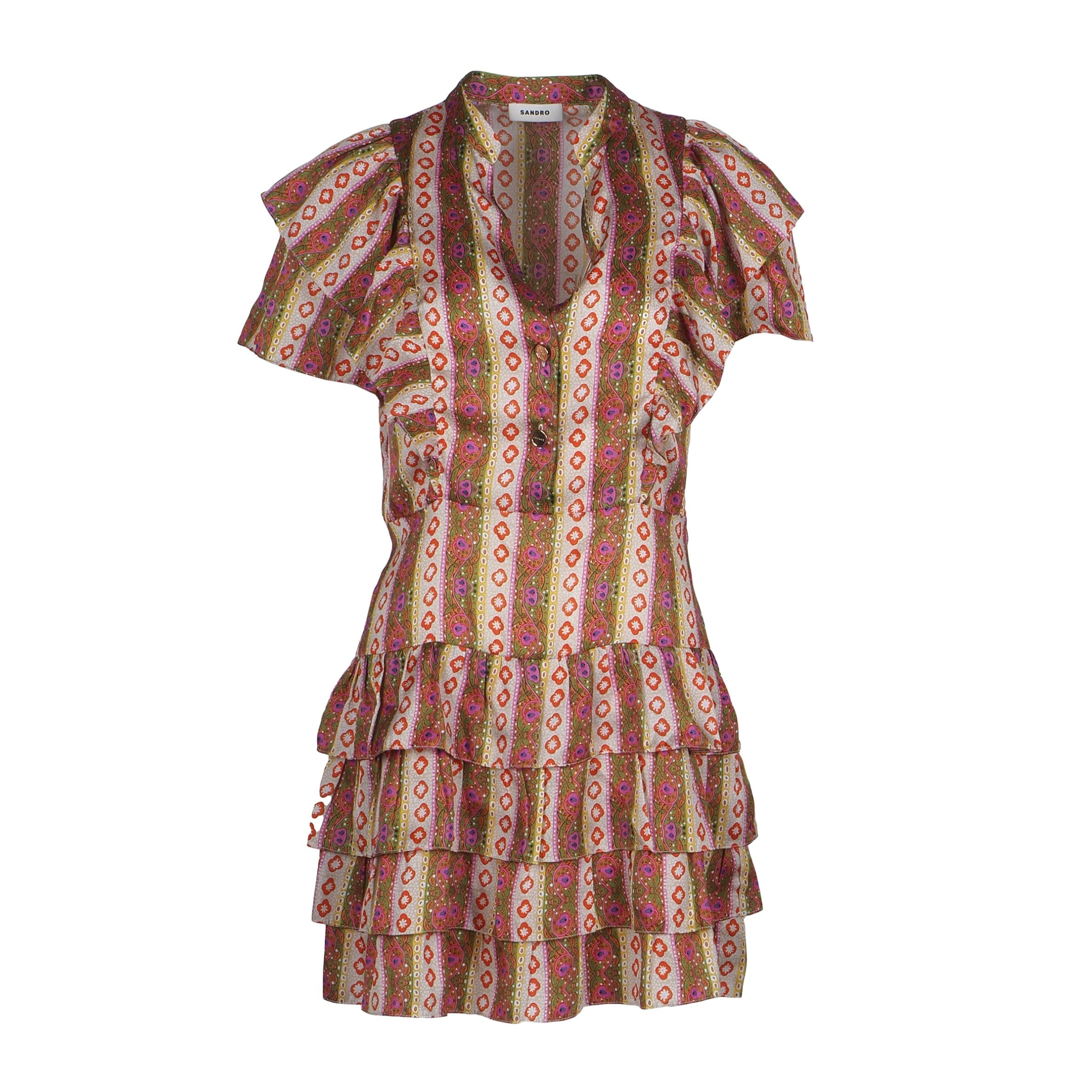 Sandro Paris Women's Multicolour V-Neck Satin Short Dress Size 40 L SFPRO02551