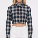 Maje Women's Green Check Cropped Cotton Shirt Size 3 L 12 MFPCM00354