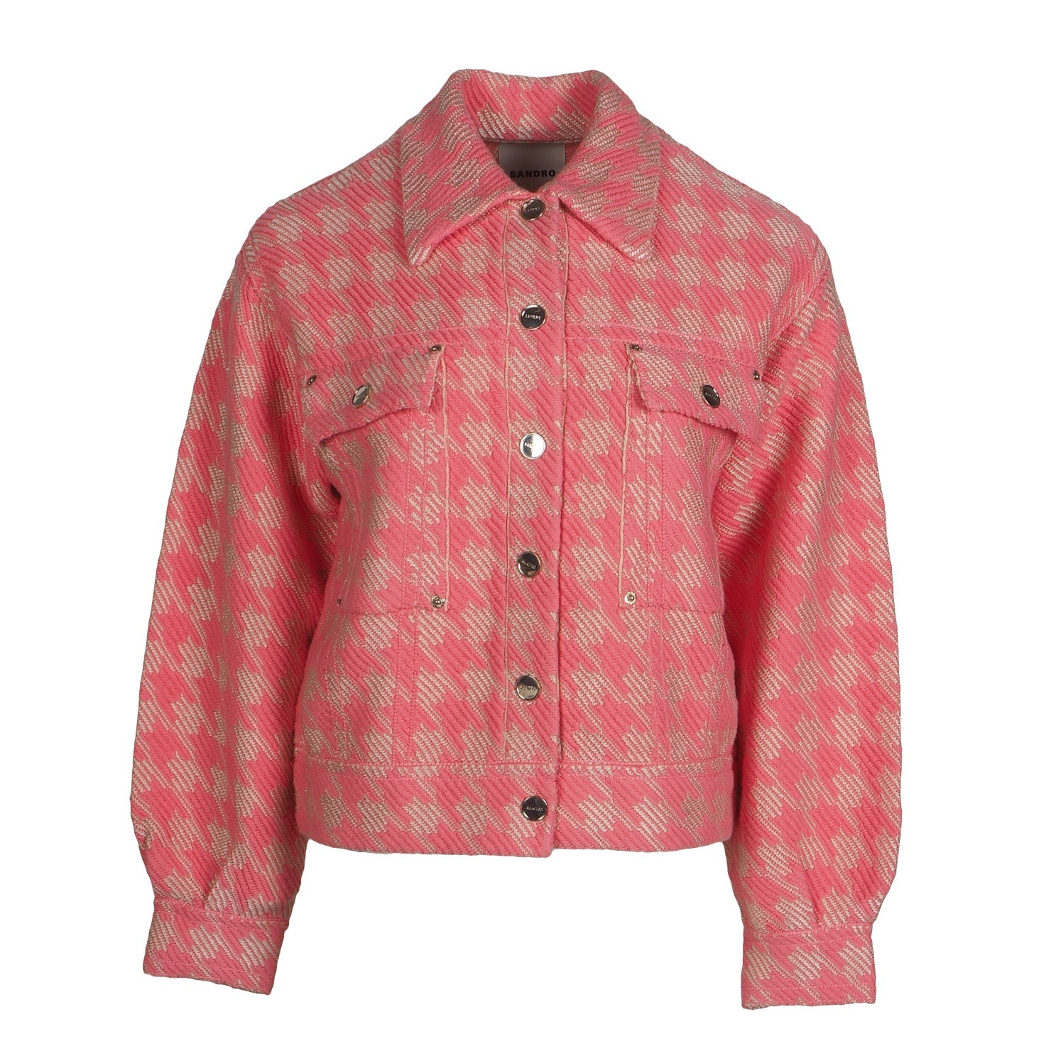 Sandro Women's Pink Houndstooth Cotton Short Jacket Size 1 S UK 8