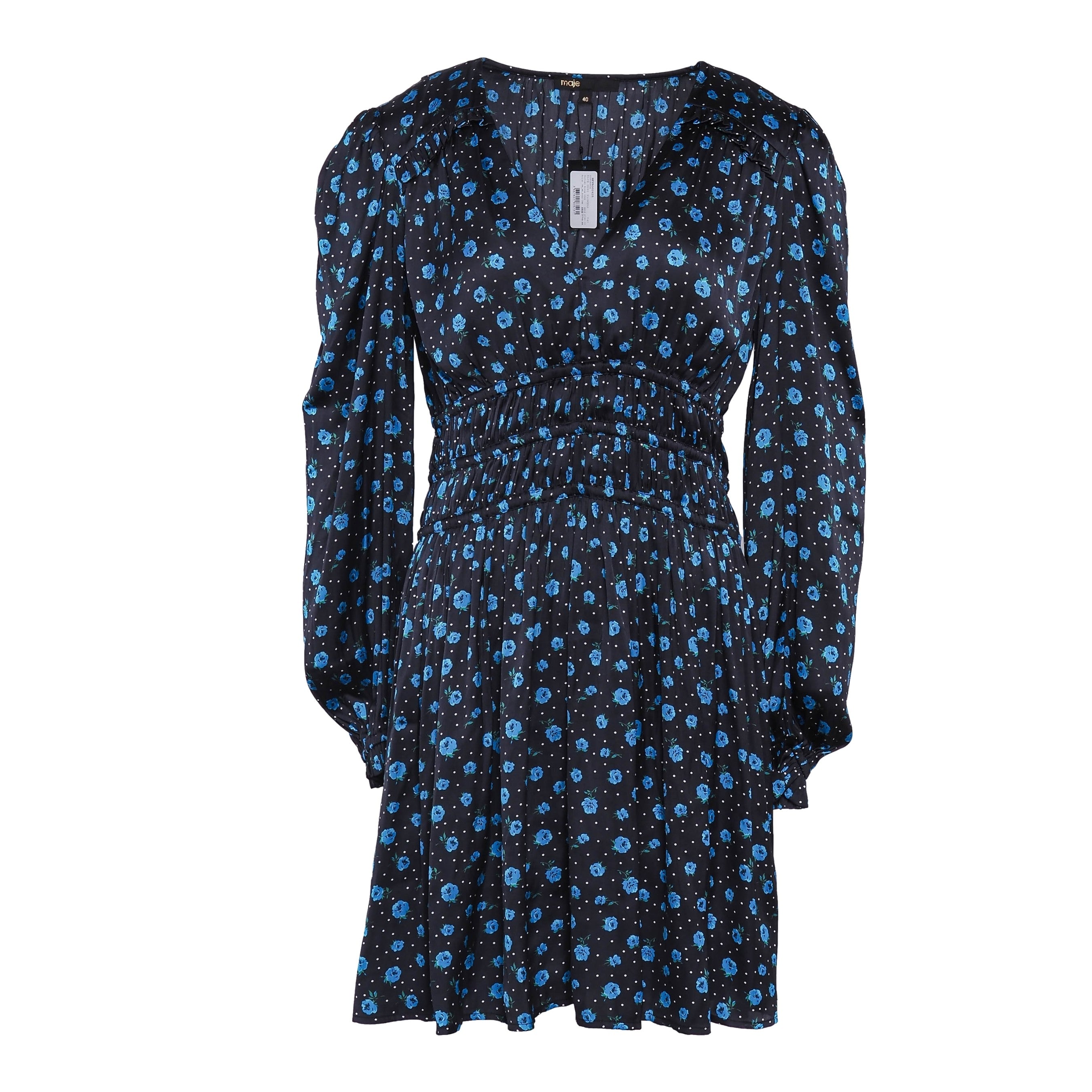 Maje Women's Navy Floral Satin Short Dress Size 40FR 12UK 8US MFPRO02625
