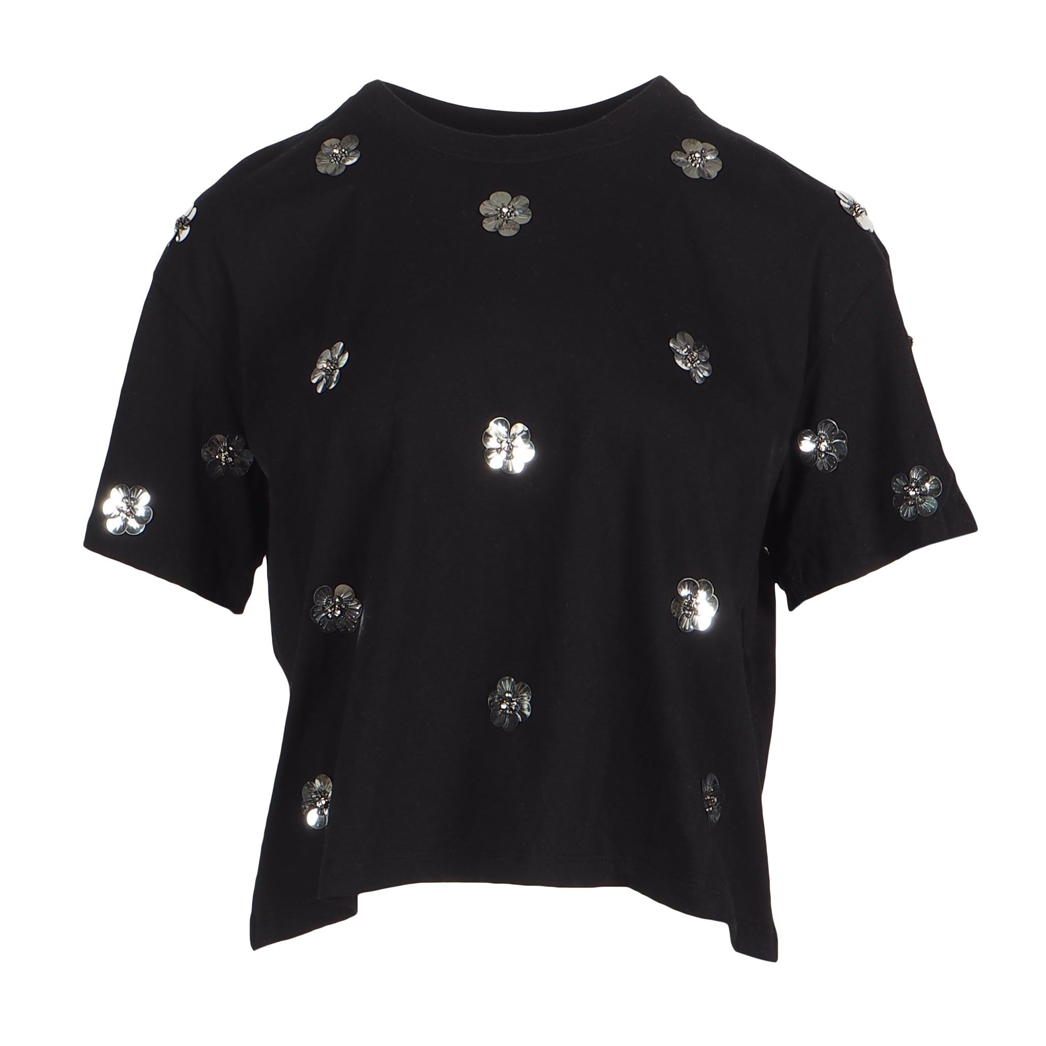 Sandro Women's Black Flowers Cotton T-Shirt Size 40 FR 12 UK 8 US SFPTS01436
