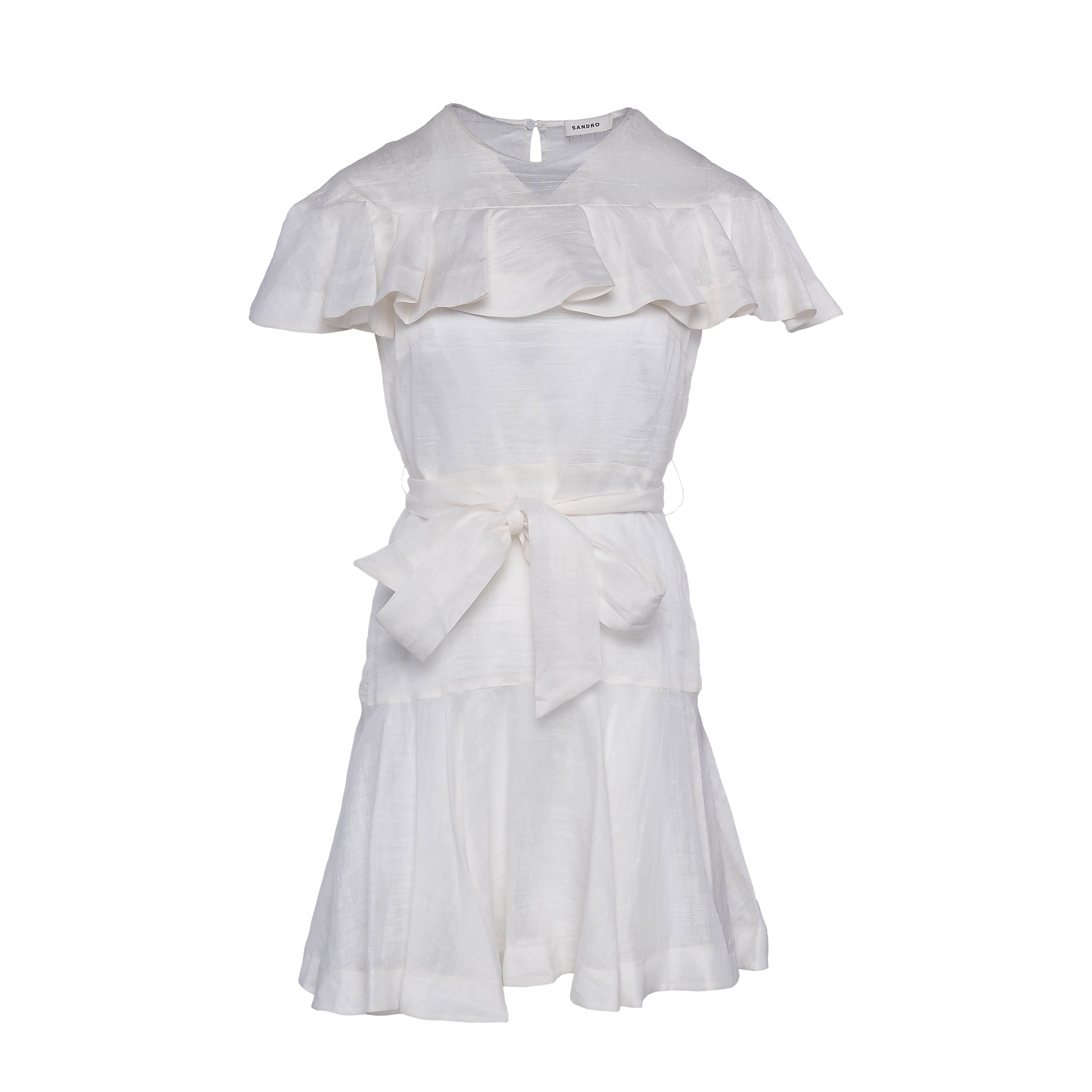Sandro Women's White Linen Blend Ruffle Dress Size 40 FR 12 UK 8 US SFPRO02791
