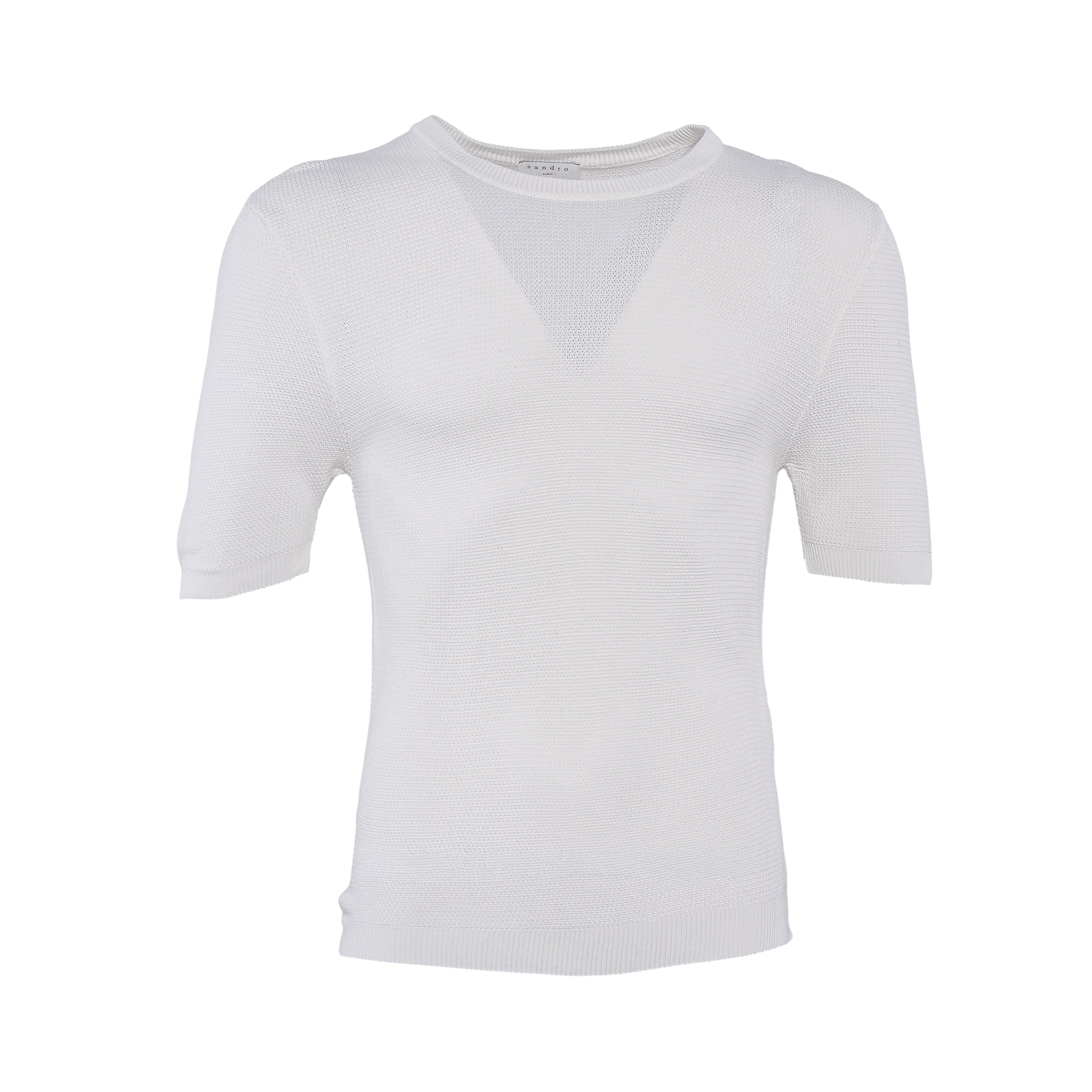 Sandro Men's Ecru Knitted Short Sleeve Viscose T-Shirt Size S SHPTR00152