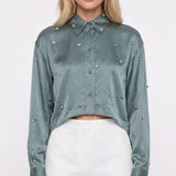 Sandro Women's Grey Rhinestones Linen Blend Shirt Size 36 FR 8 UK 4US SFPCM01012