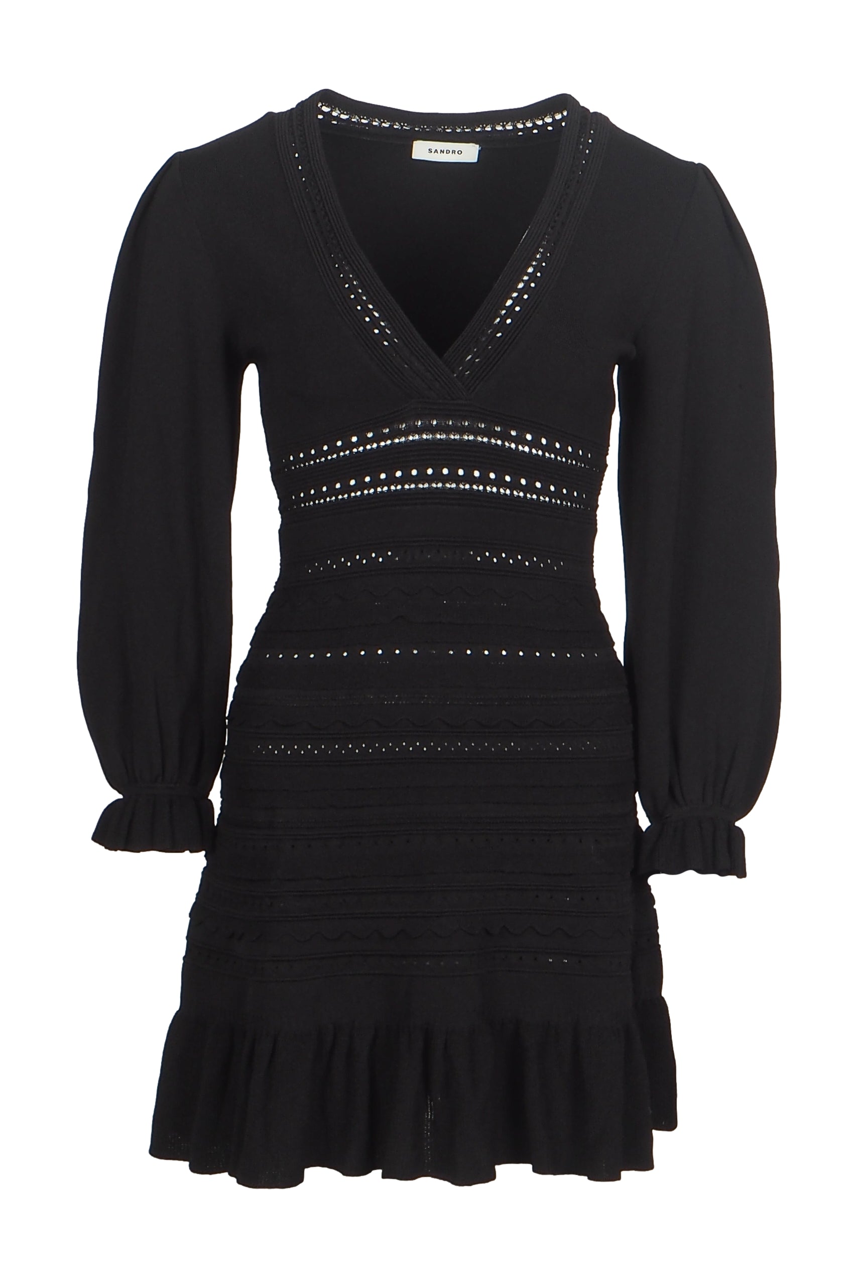 Sandro Women's Black Knit Ruffle Short Dress Size 34 FR 6 UK 2 US SFPRO02739
