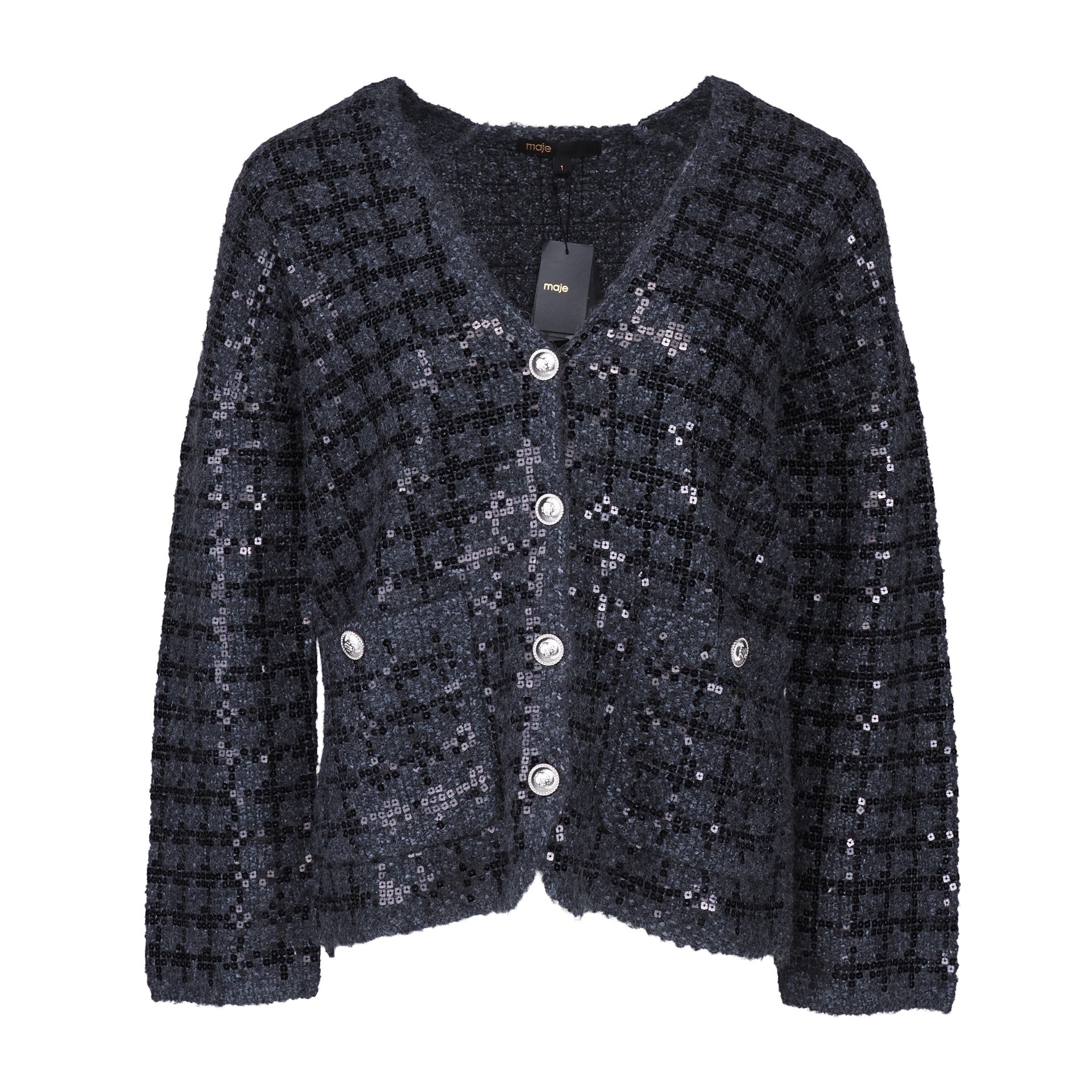 Maje Women's Grey Oversized Sequins Wool Cardigan Size 36 FR 8UK 4US MFPCA00322