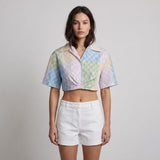 Sandro Paris Women's Multicoloured Cropped Linen Blend Shirt Size 0 XS UK 6
