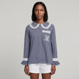Maje Women's Navy Check Embroidered Shirt Size 38 FR 10 UK 6 US MFPCM00267