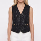 Maje Women's Black Sequins Wool Blend Tweed Vest Size 40 FR 12 UK 8US MFPVE00427