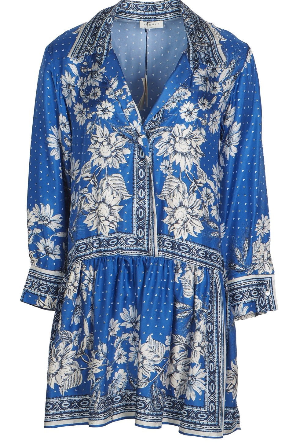 Sandro Women's Blue Floral 100% Silk Short Dress Size 36 FR 8 UK 4 US SFPRO01856