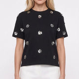 Sandro Women's Black Flowers Cotton T-Shirt Size 40 FR 12 UK 8 US SFPTS01436