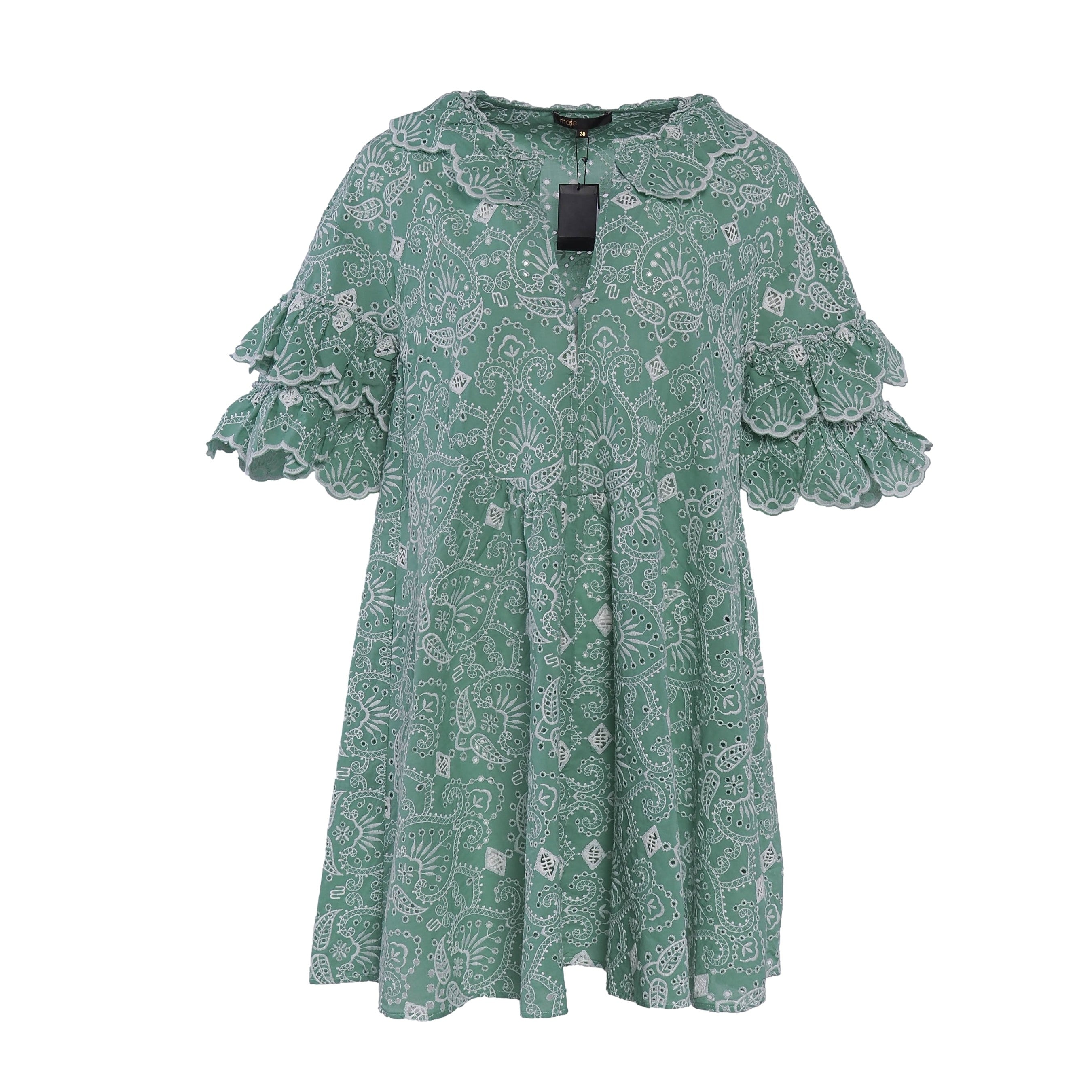 Maje Women's Green Embroidered Cotton Short Dress Size 38FR 10UK 6US MFPRO02288