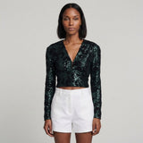 Maje Women's Green Cropped Sequins V-Neck Blouse Size 1 S 8 MFPTO00799