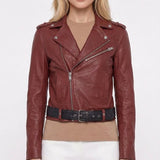 Maje Women's Burgundy Belted Lamb Leather Jacket Size 36 S 8 H17BIXENTE
