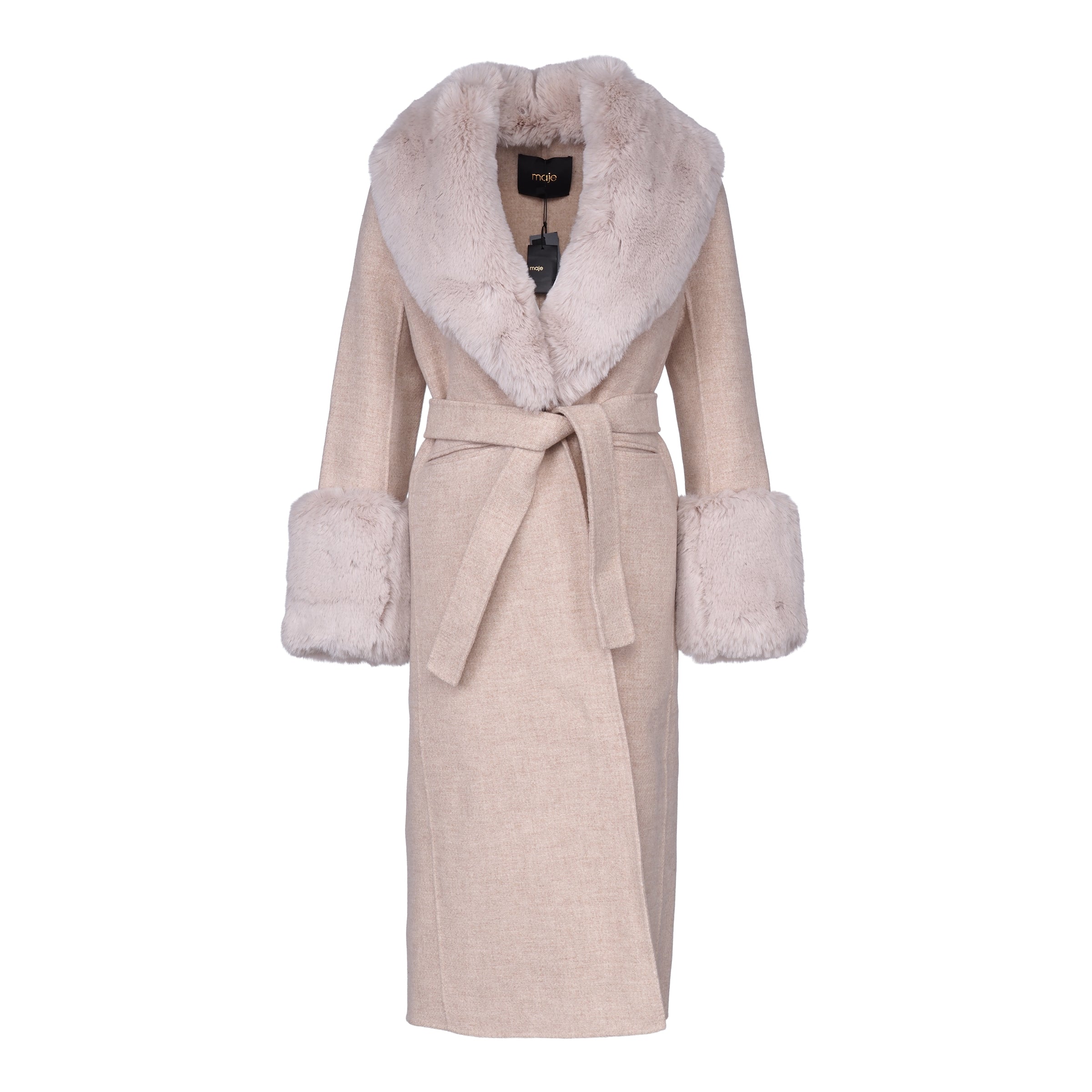 Maje Women's Beige Fur Wool Blend Long Coat Size 36 FR 8 UK 4 US MFPOU00696