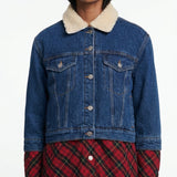 Maje Women's Blue Faux Fur Plaid Denim Jacket Size 38 FR 10 UK 6 US MFPBL00252