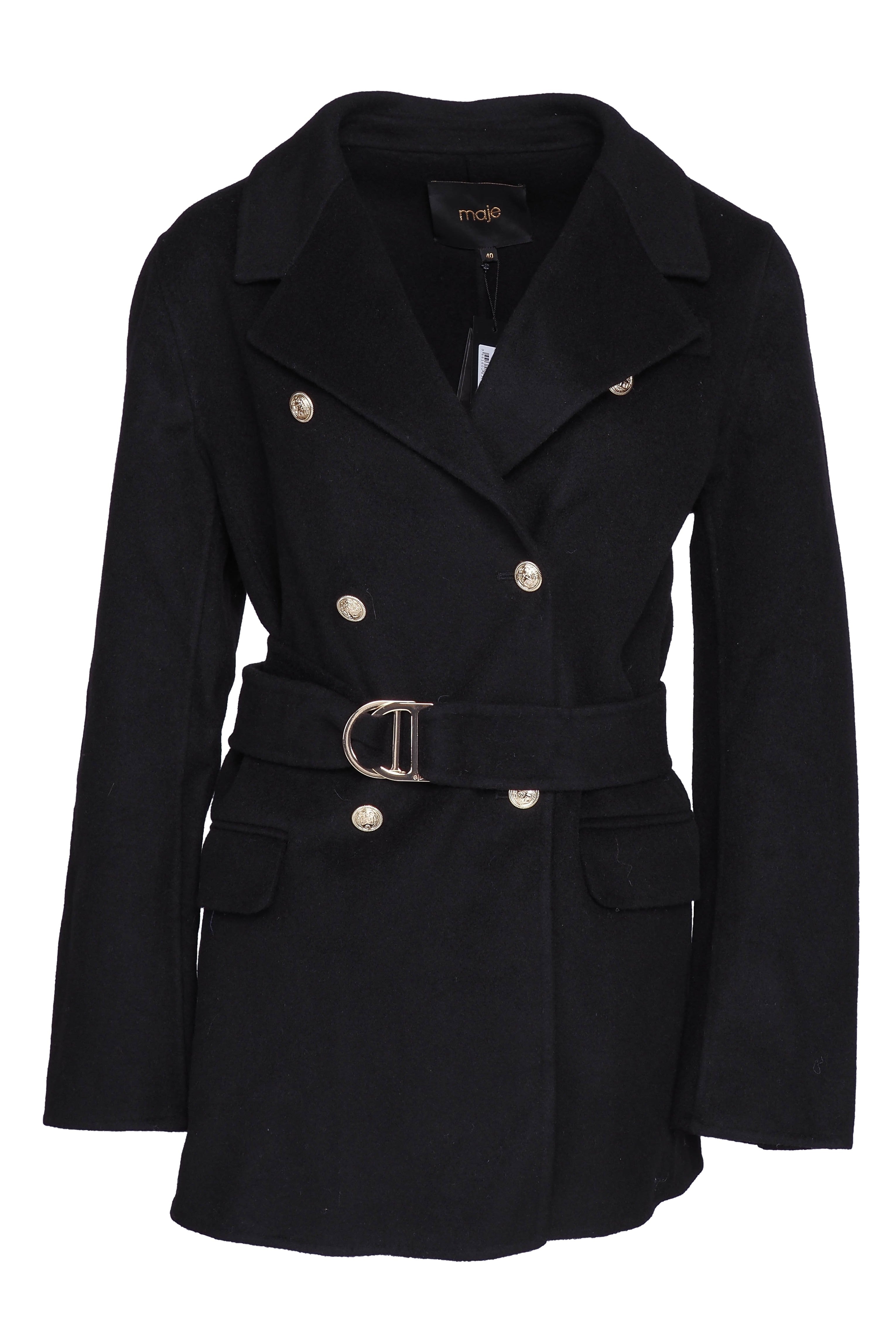 Maje Women's Black Belted Wool Blend Coat Size 40 FR 12 UK 8 US MFPOU00903