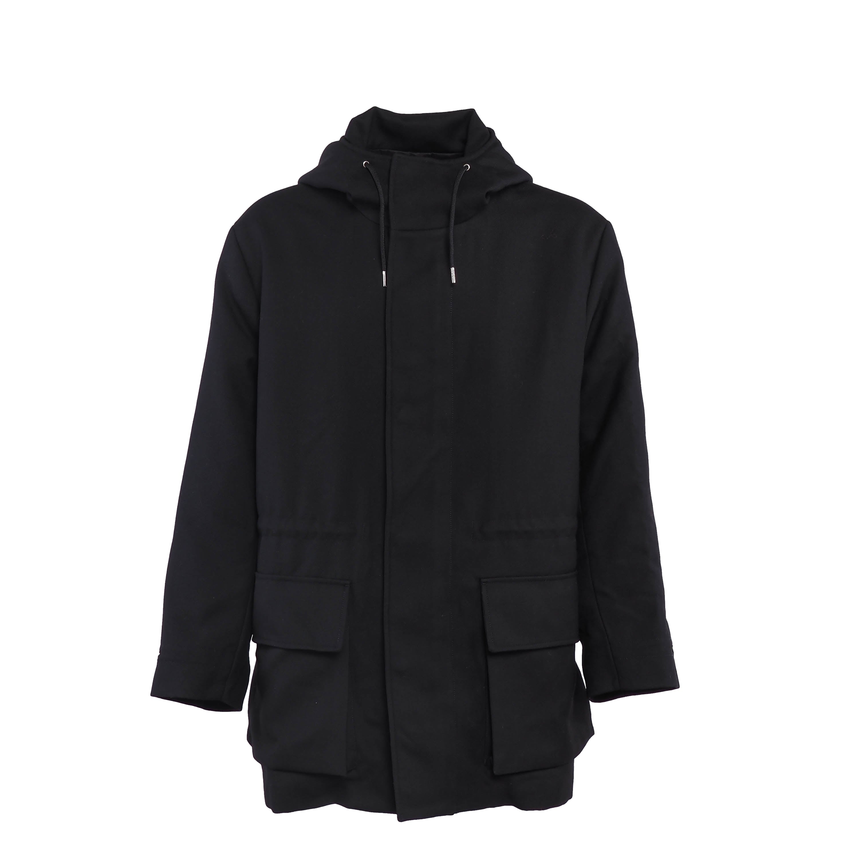 Sandro Men's Black Wool Blend Technical Fabric Hooded Parka Size M SHPMA00333