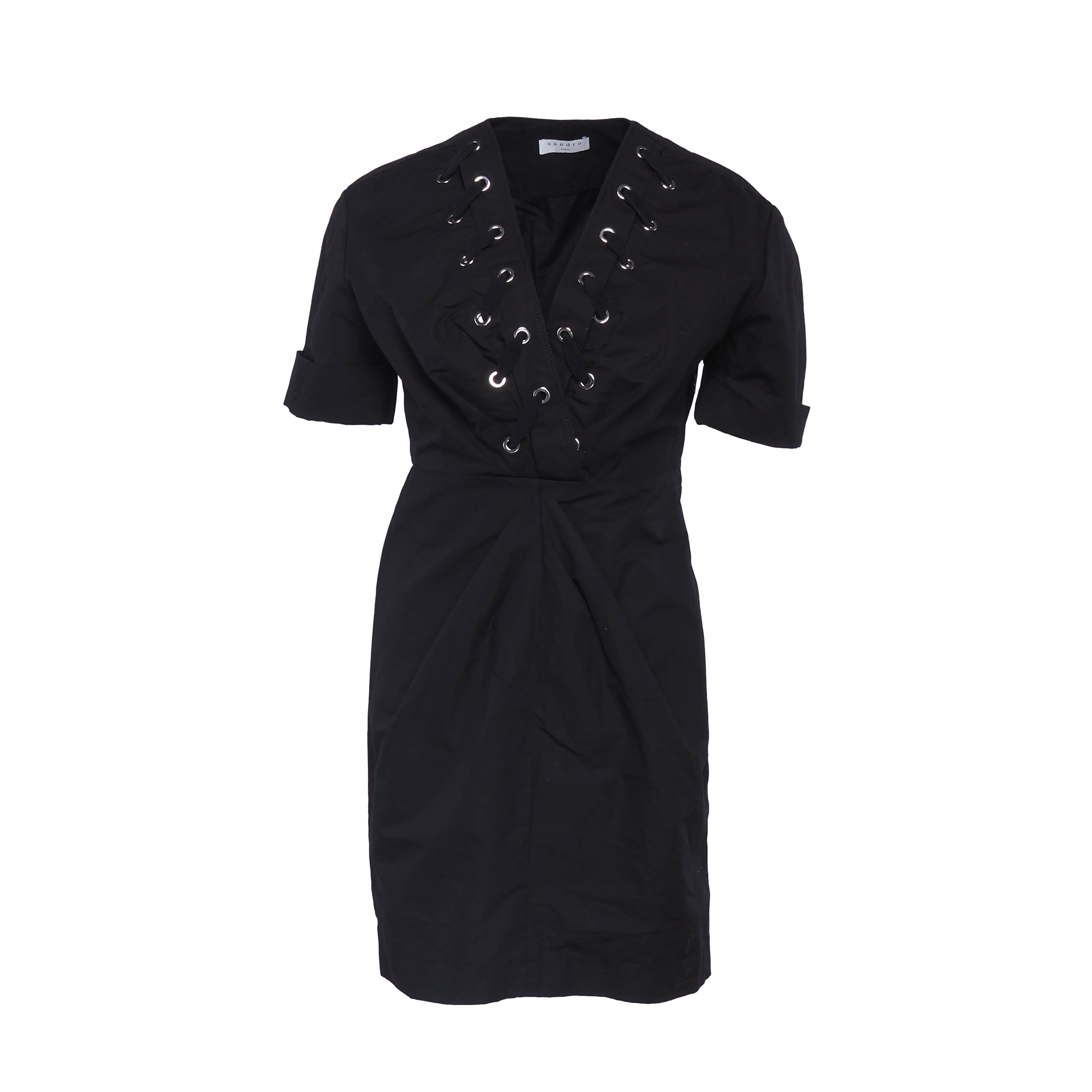 Sandro Paris Women's Black V-Neck Cotton Linen Short Dress Size 34 XS 6 R20627E