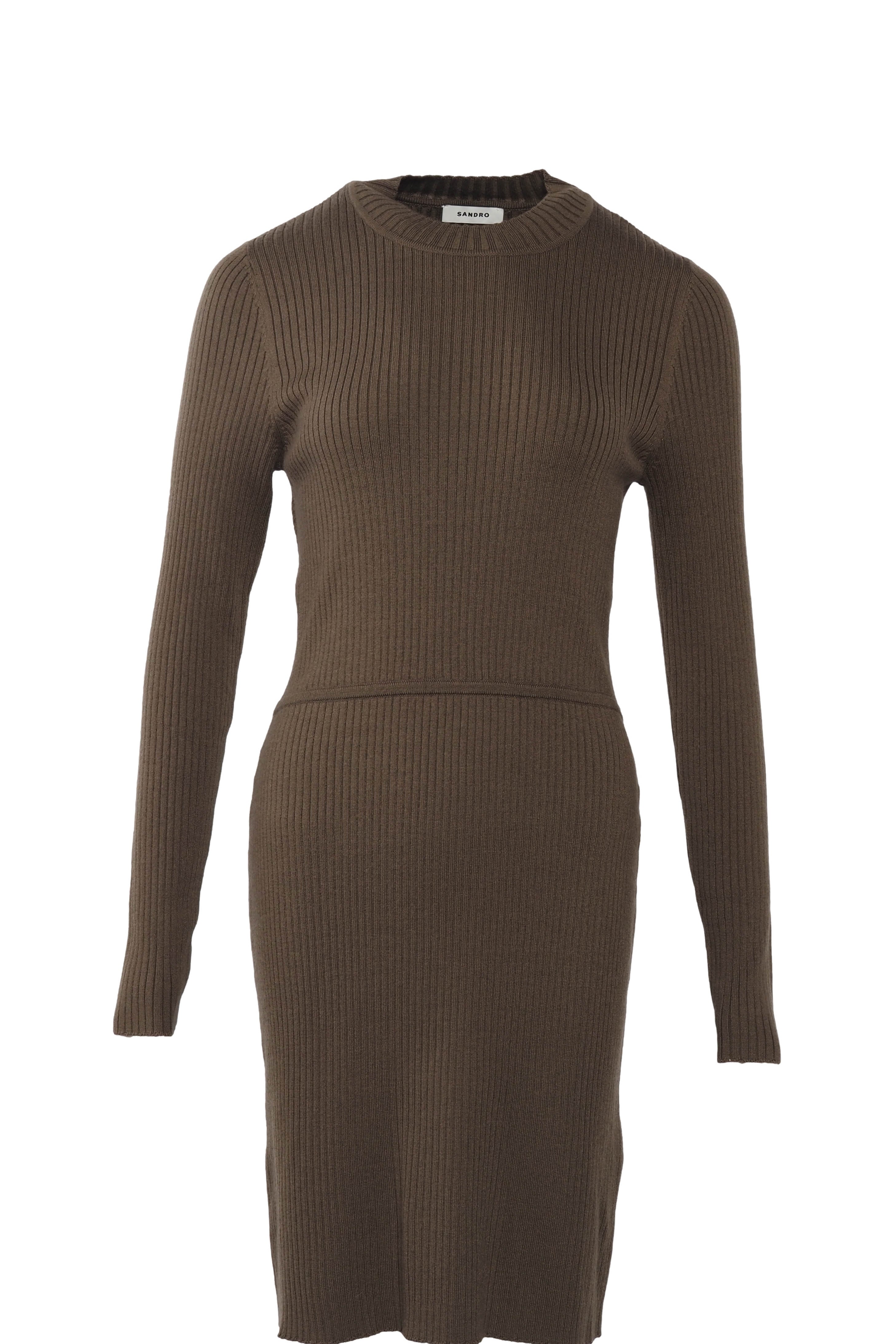 Sandro Women's Khaki Rib Knit Open Back Dress Size 40 FR 12 UK 8 US SFPRO02670