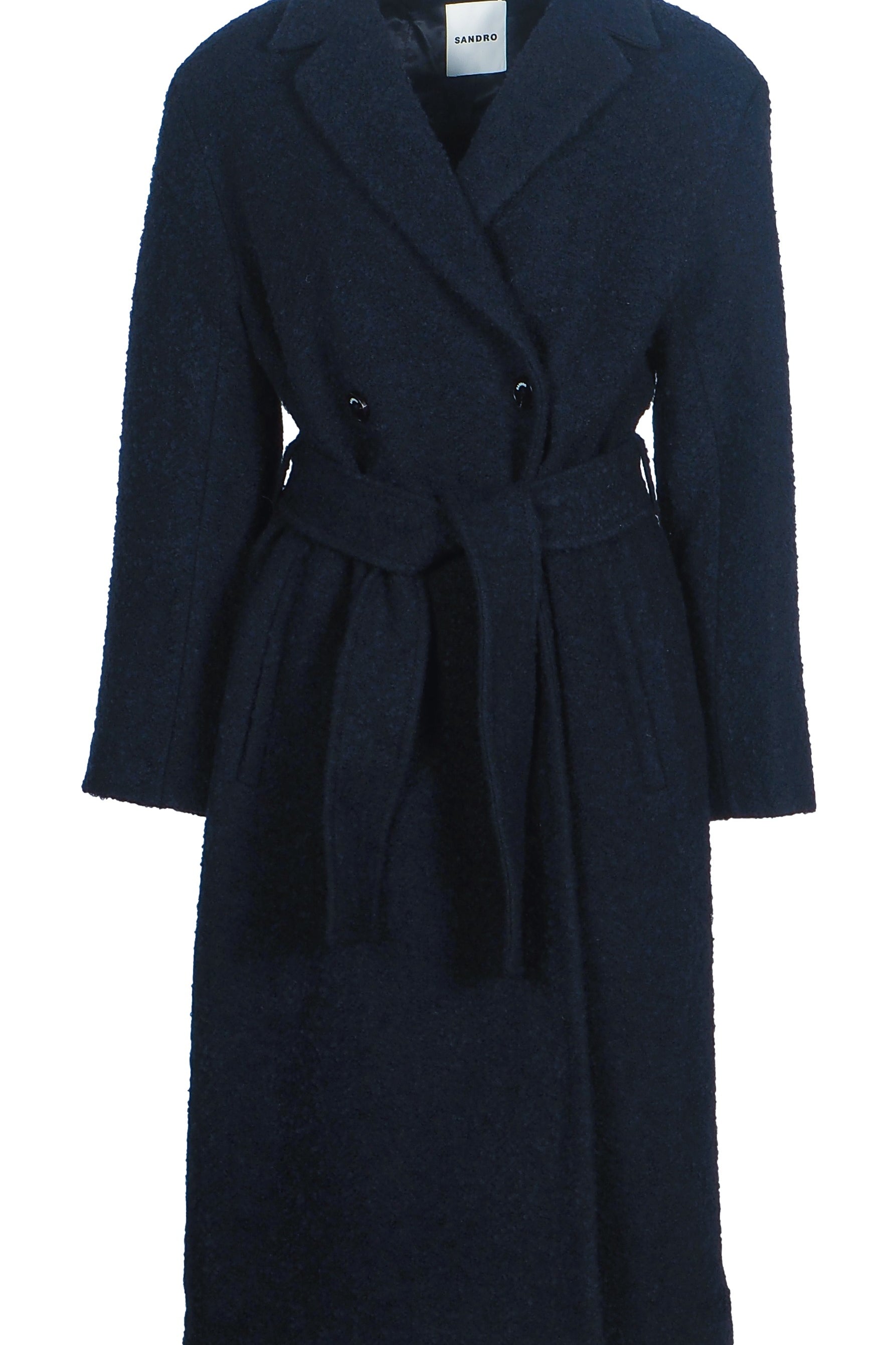 Sandro Women's Navy Belted Wool Blend Long Coat Size 38 FR 10 UK 6 US SFPOU00468